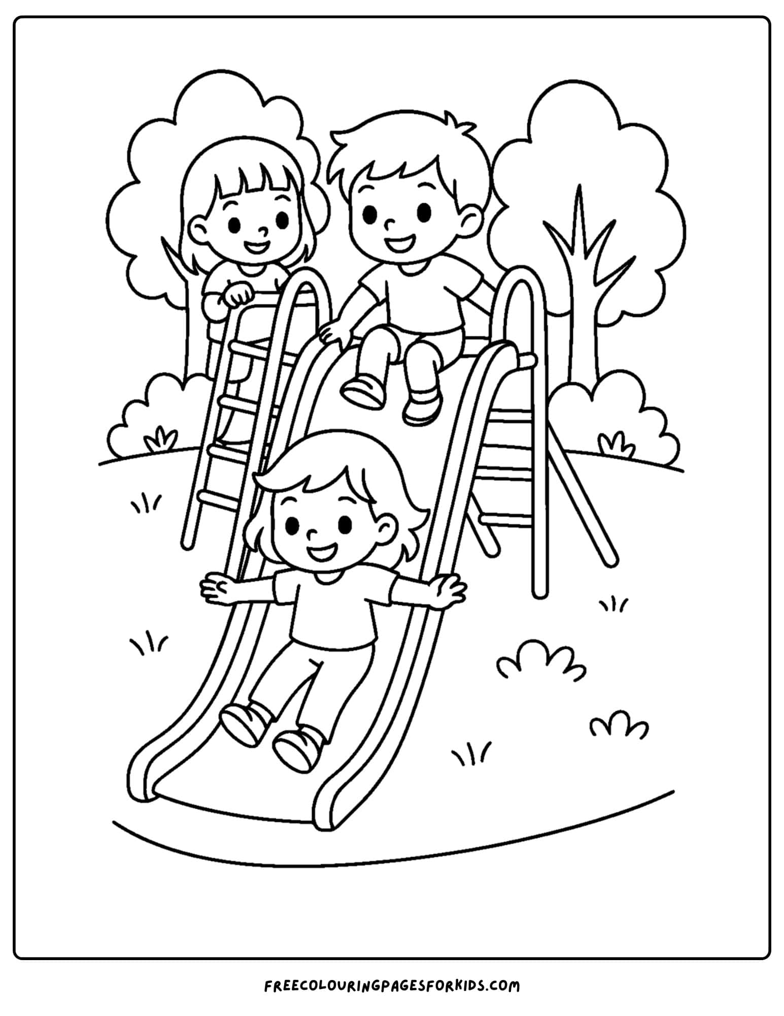 a park themed coloring page featuring kids playing on a slide at the playground