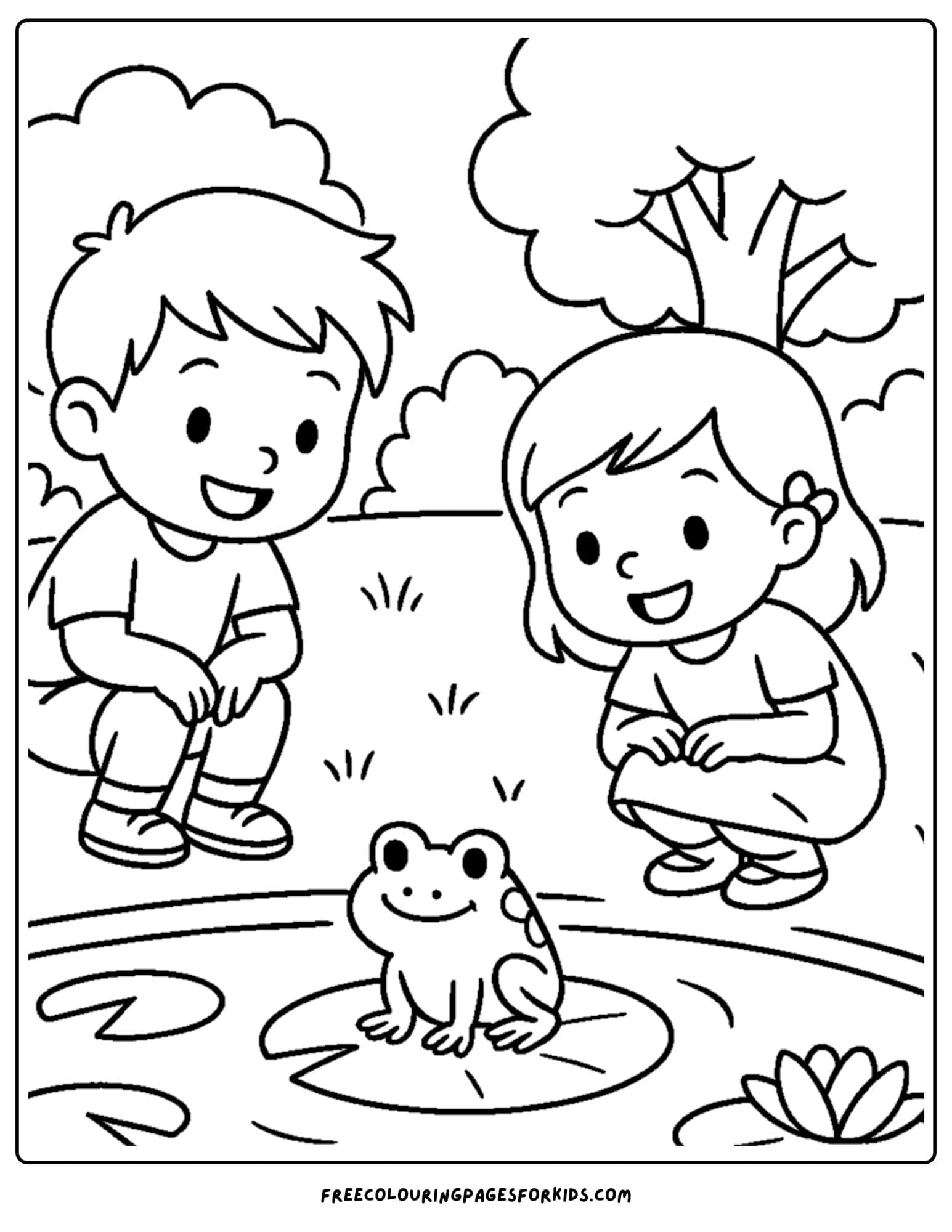 a park themed coloring page featuring kids watching a frog