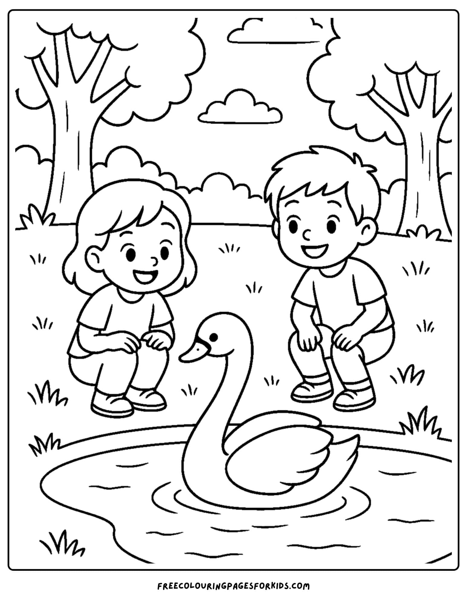 a park themed coloring page featuring kids watching a swan on a lake in the park