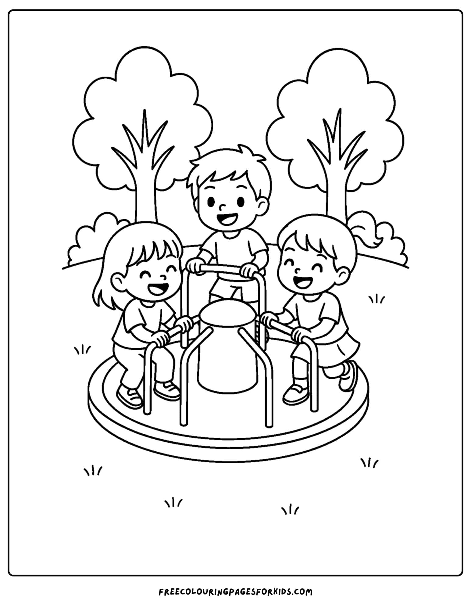 a park themed coloring page featuring kids laughing and having fun on a roundabout