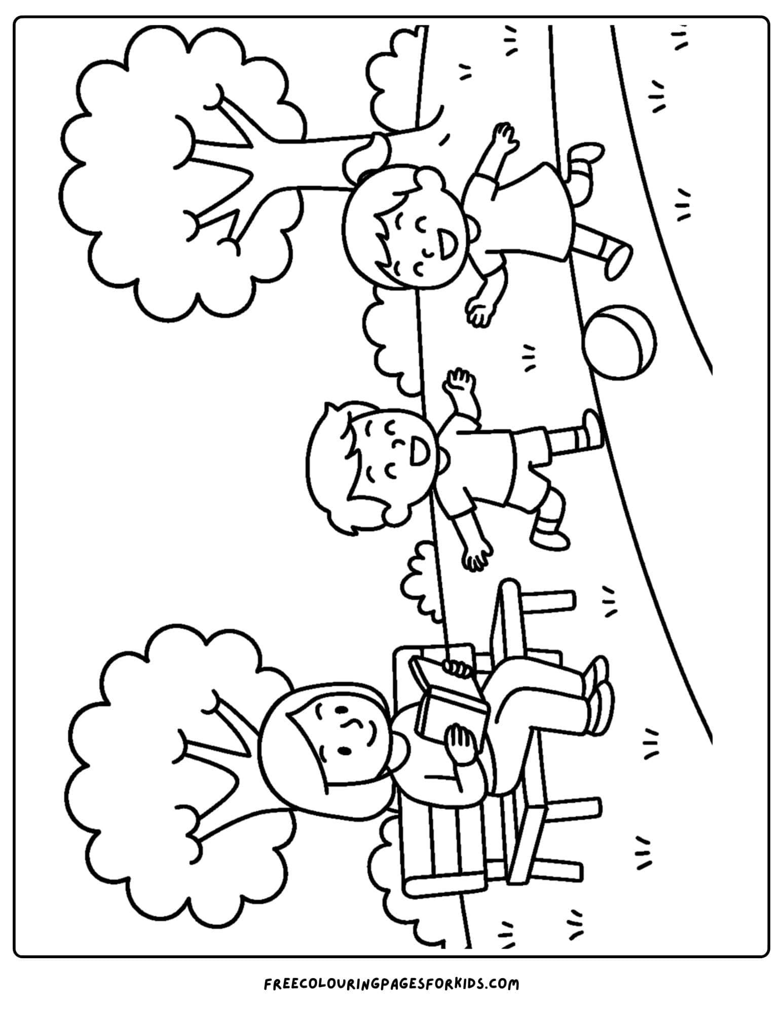 a park themed coloring page featuring a parent reading on a bench with kids playing ball on the path