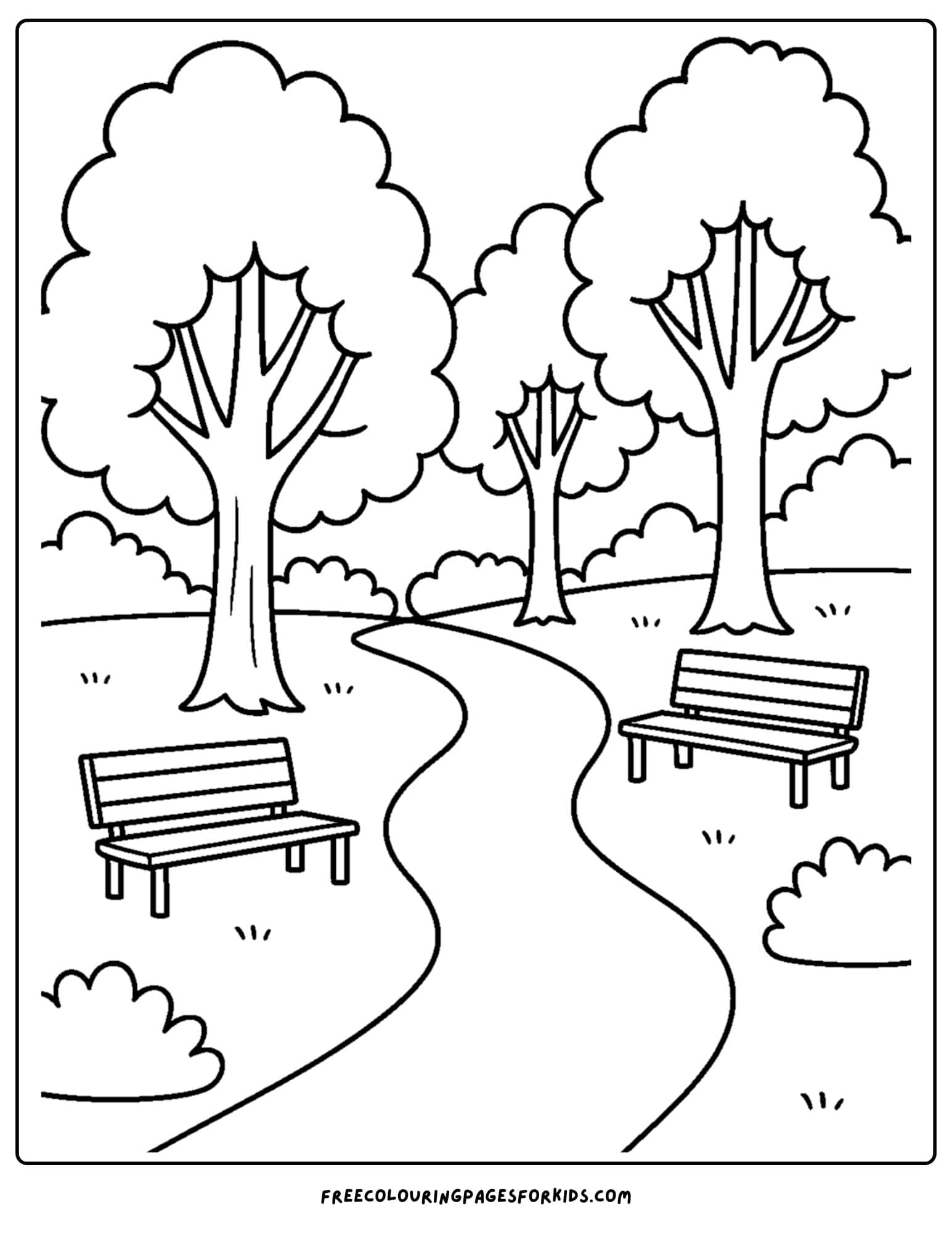 a park themed coloring page featuring a shady path with trees and bench seats