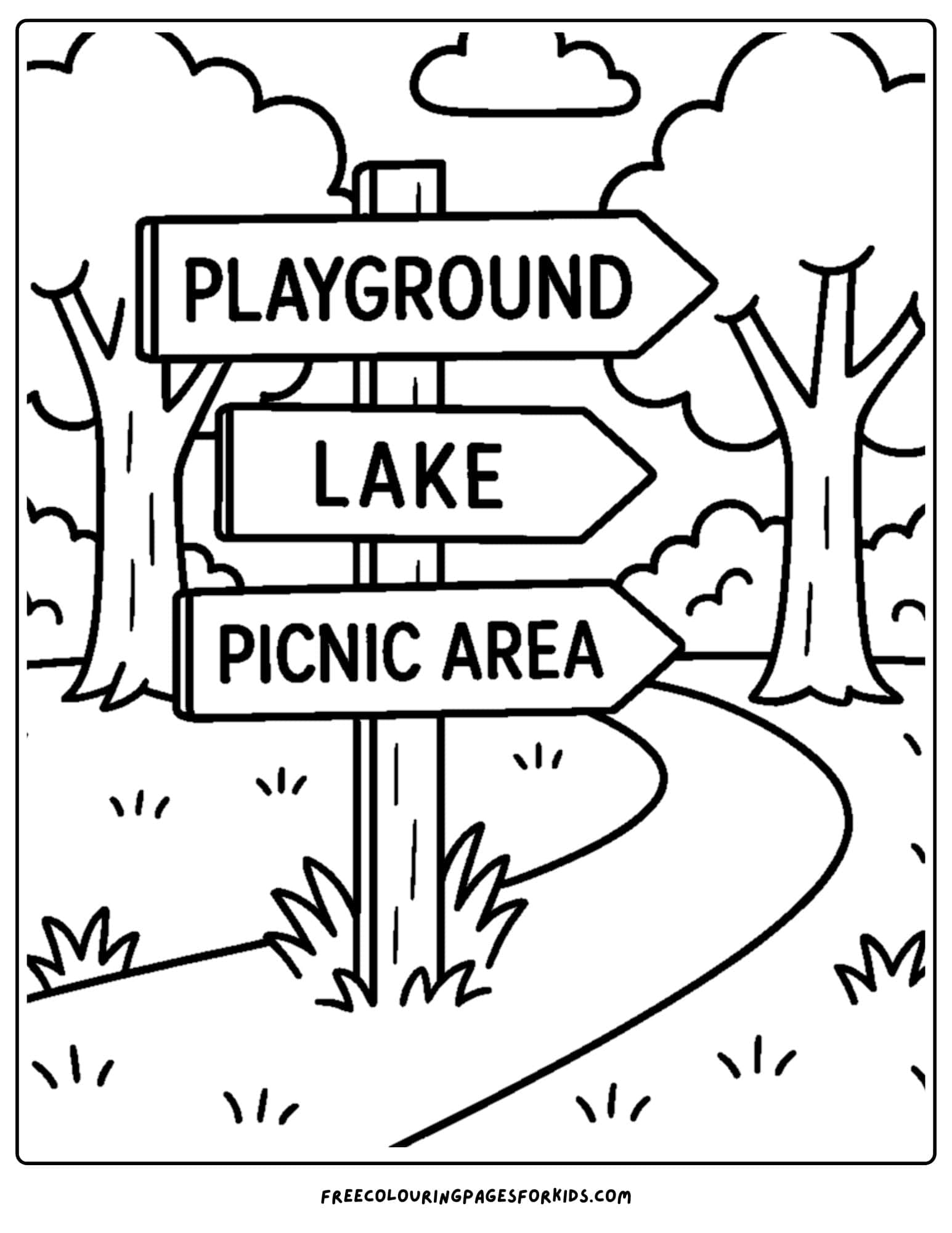 a park themed coloring page featuring a park sign showing the way to the playground, picnic area and lake