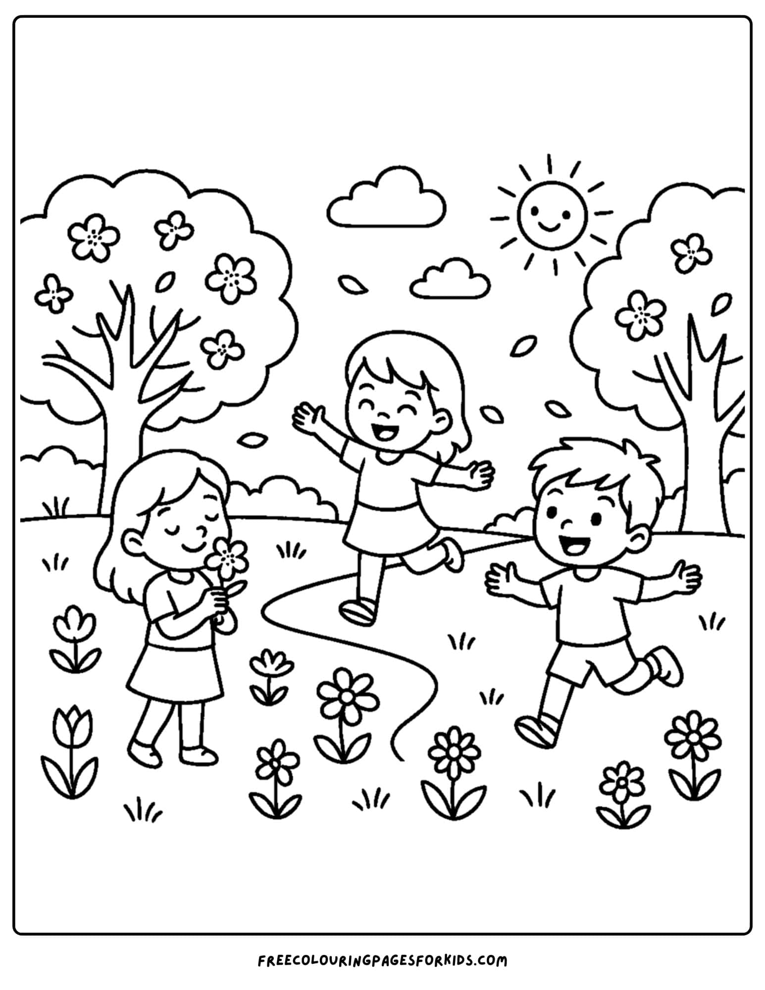 a park themed coloring page featuring kids running around a park with blooming flowers