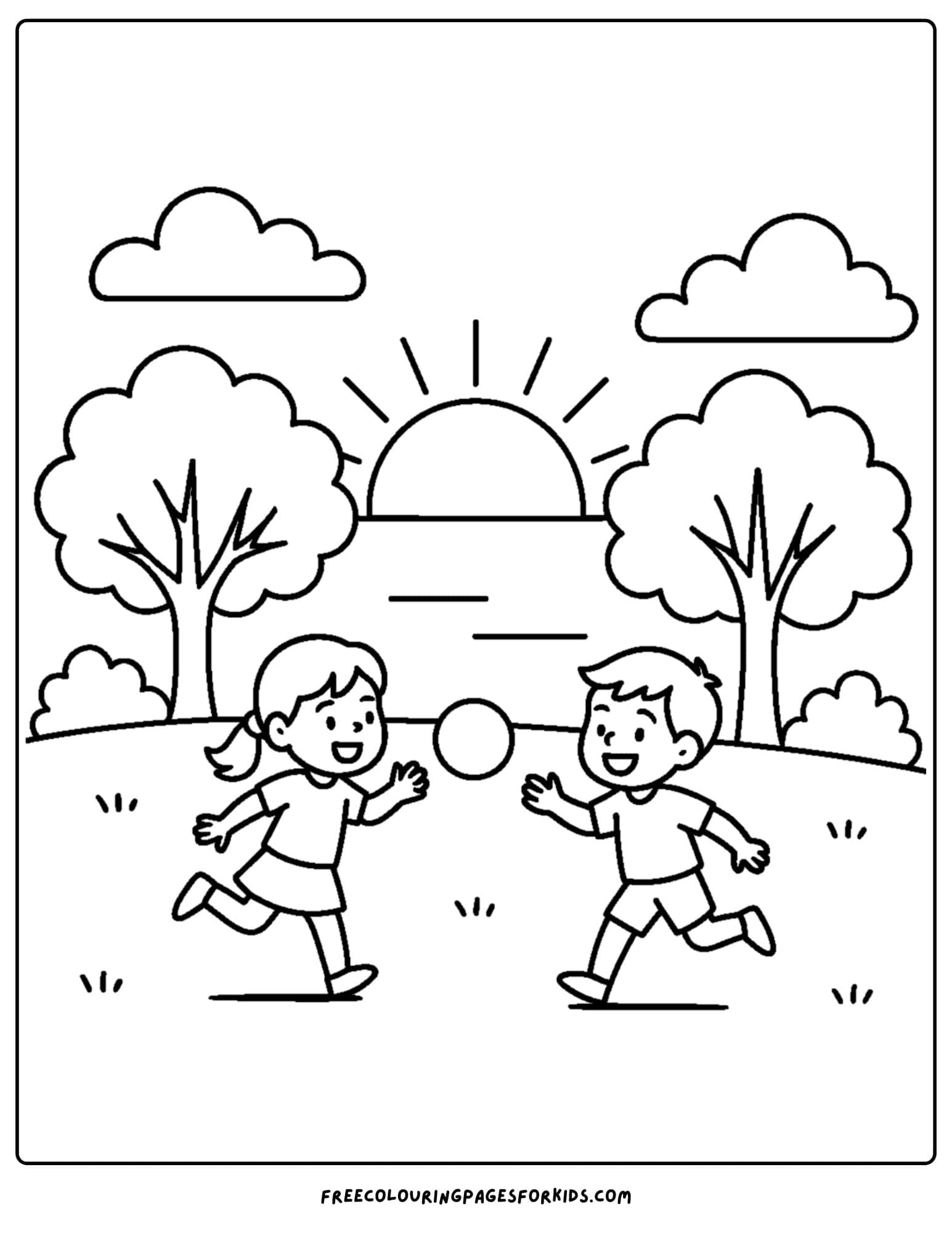 a park themed coloring page featuring kids playing with a ball in the park at sunset
