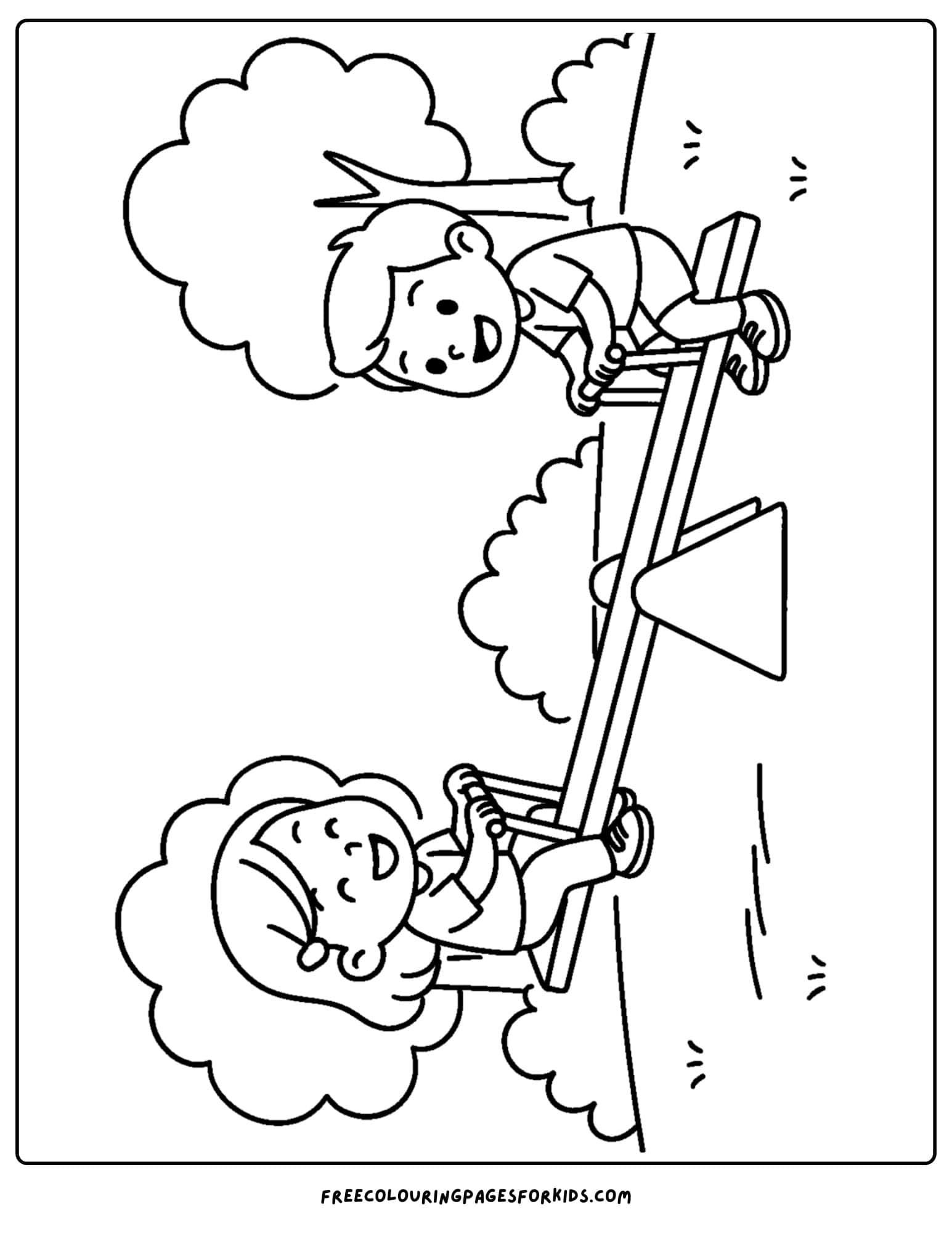 a park themed coloring page featuring two kids playing on a seesaw