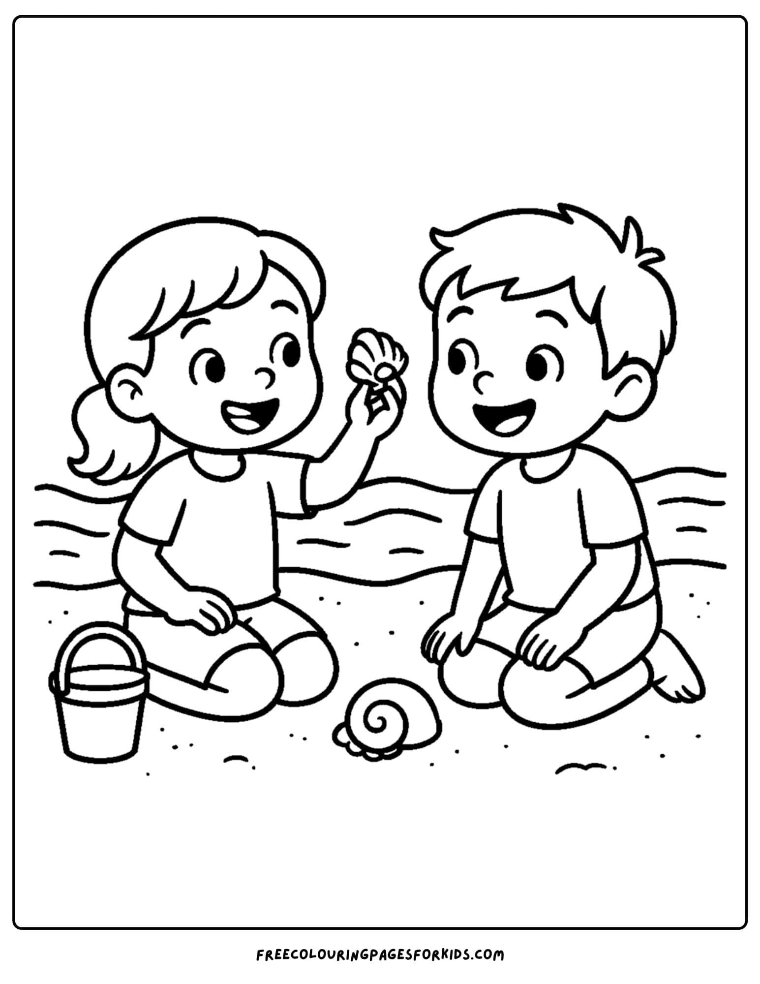a shell coloring page featuring a child showing a shell they found to a friend on the beach