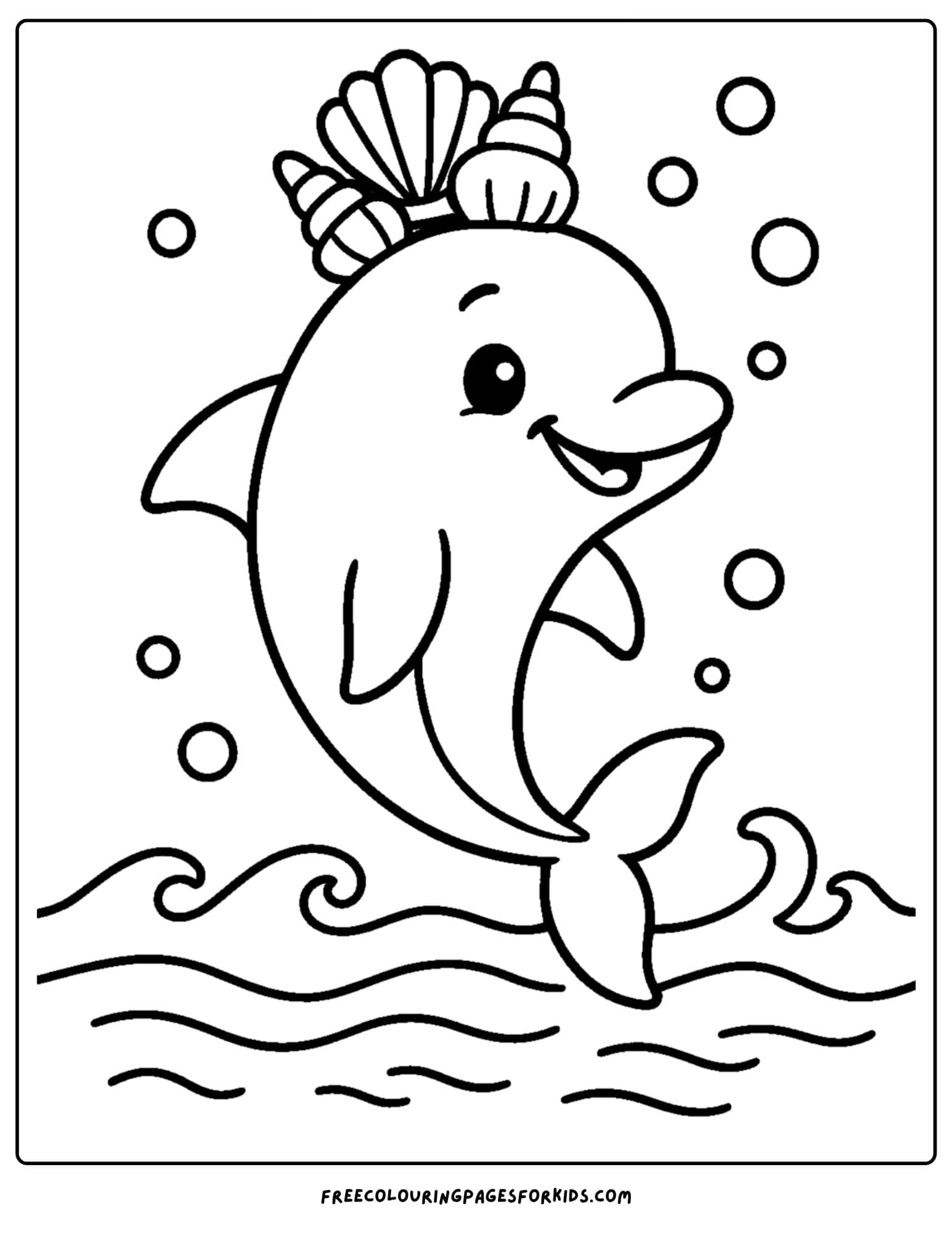 a shell coloring page featuring a dolphin wearing a shell crown