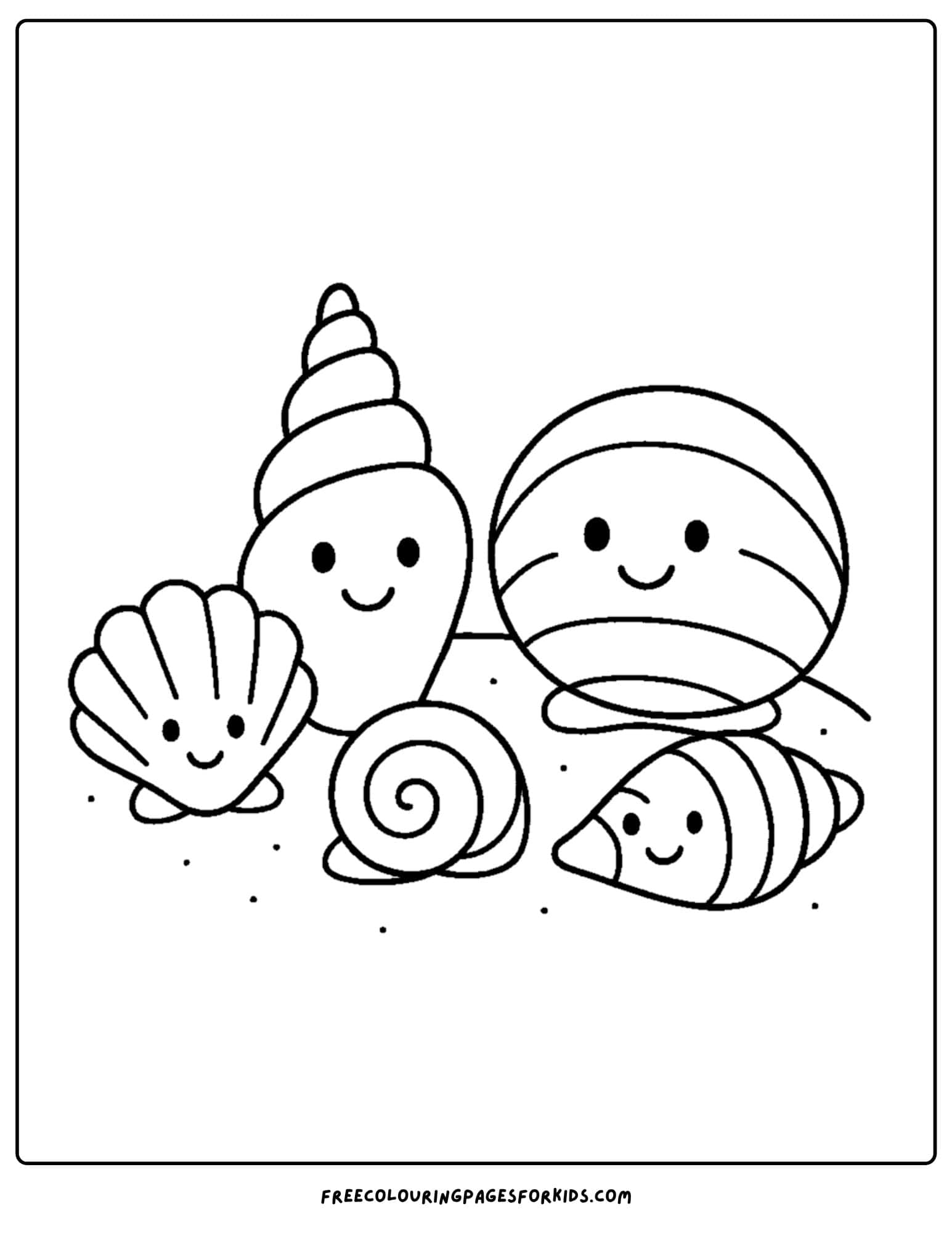 a shell coloring page featuring kawaii sea shells smiling