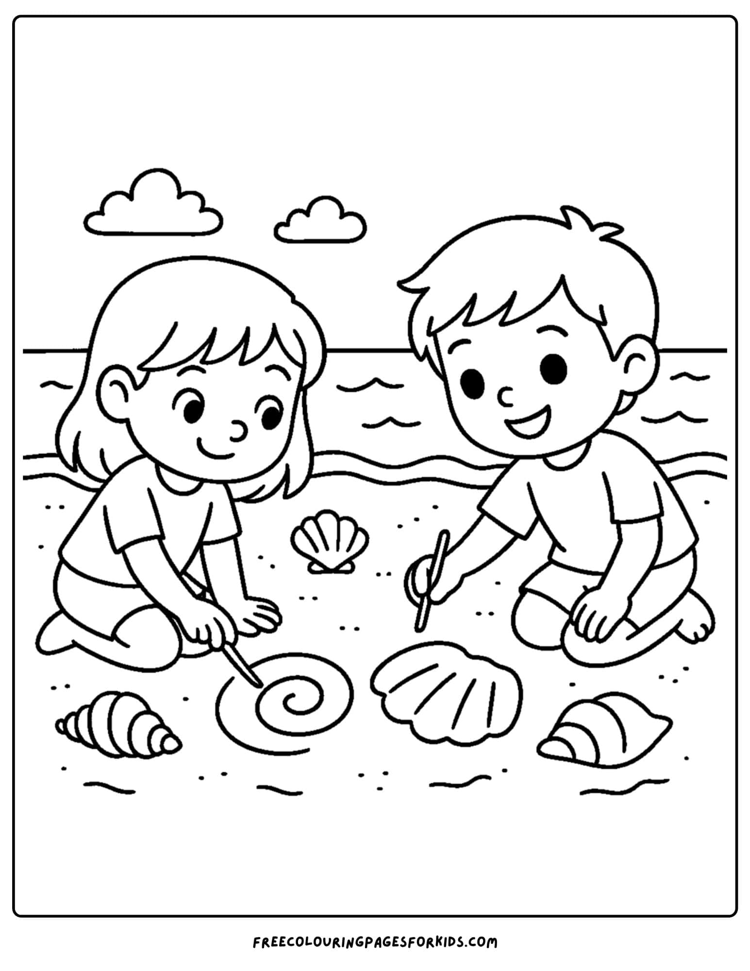 a shell coloring page featuring kids drawing shells in the sand at the beach