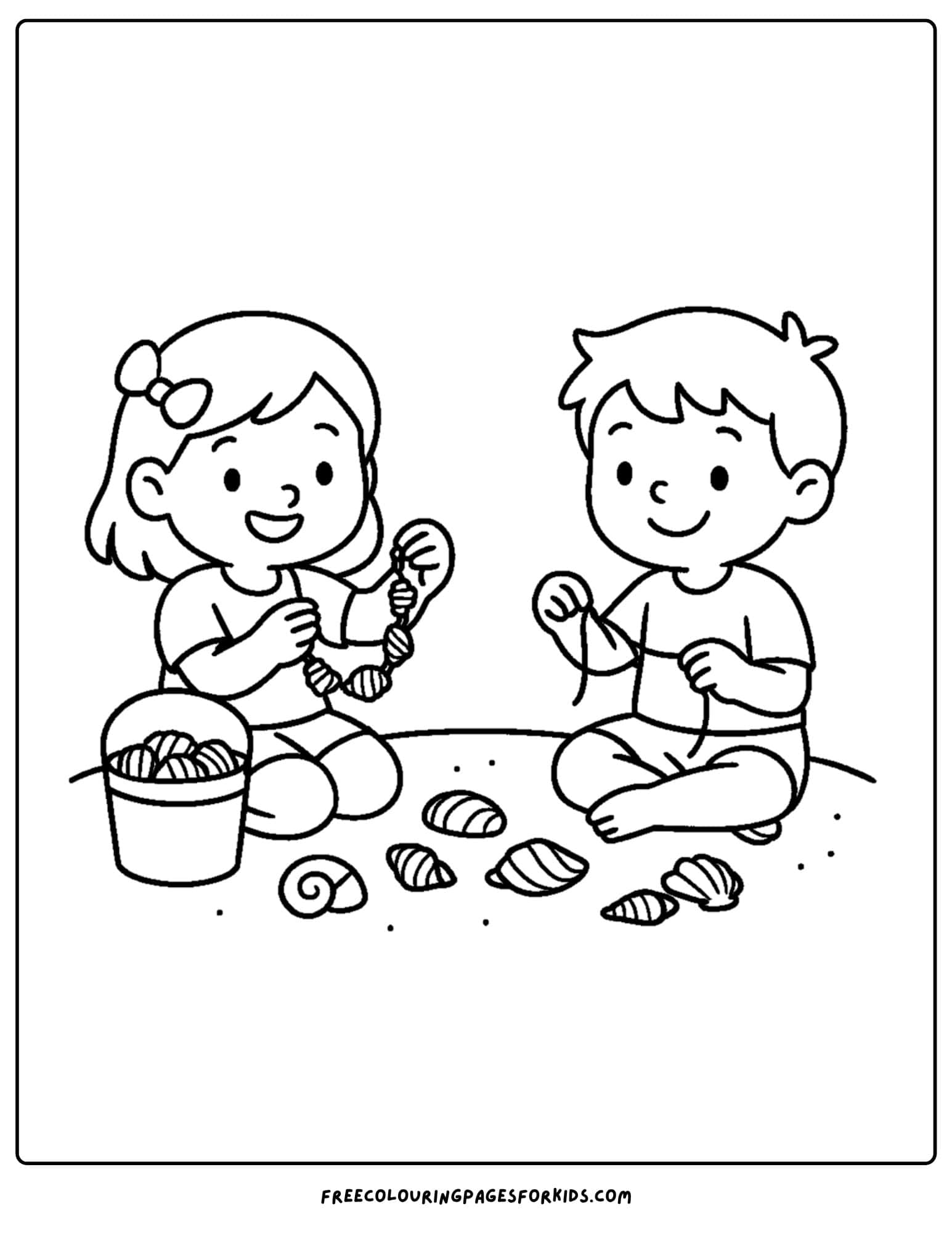 a shell coloring page featuring kids making shell necklaces