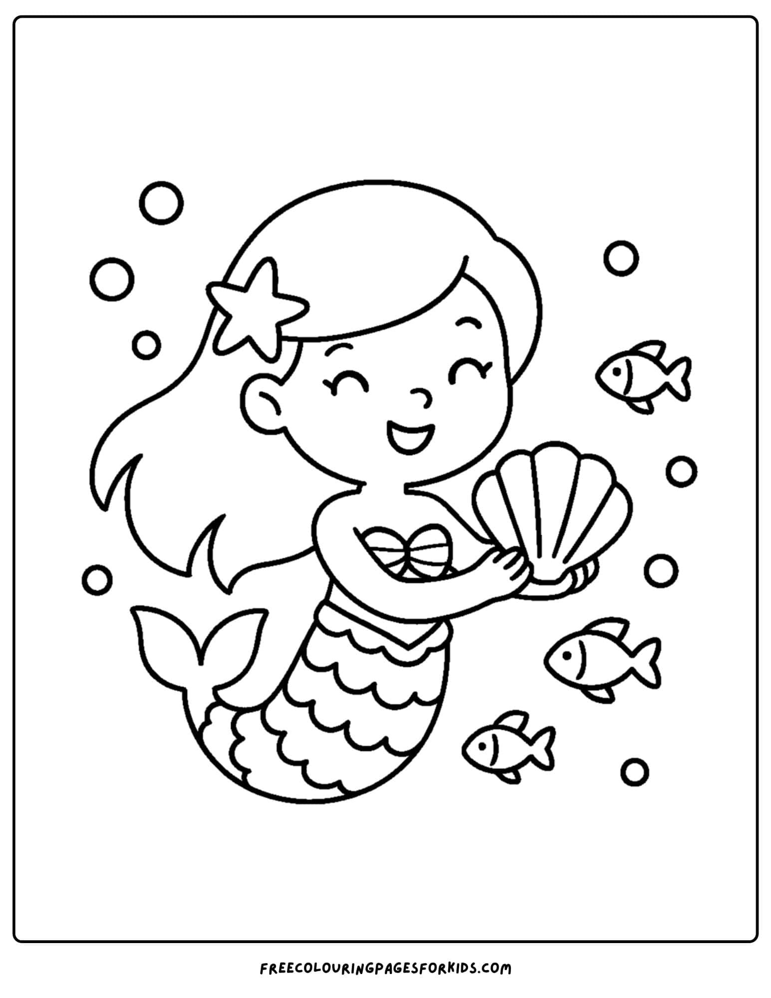 a shell coloring page featuring a mermaid holding a big shell under the water