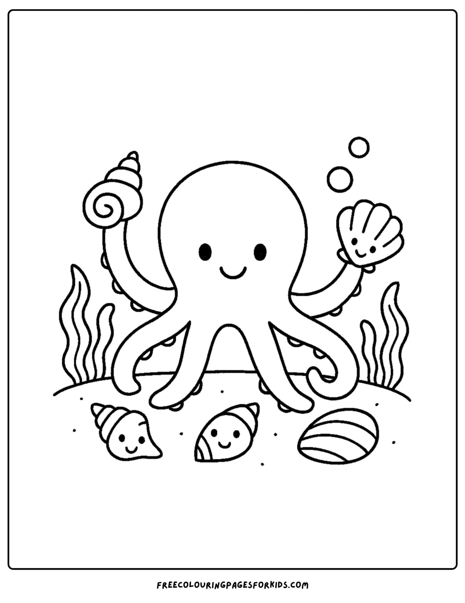 a shell coloring page featuring an octopus holding shells in its tentacles