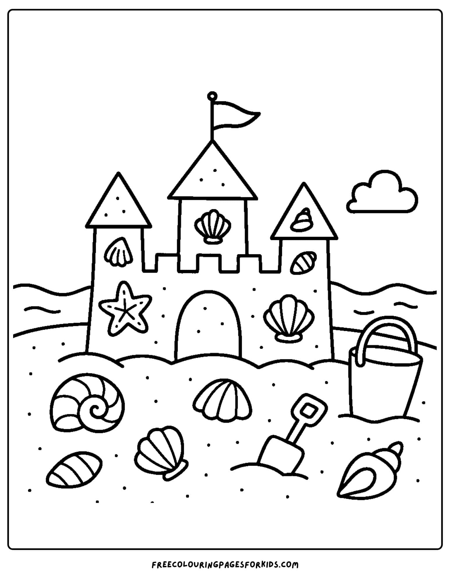 a shell coloring page featuring a sandcastle on the beach decorated with sea shells