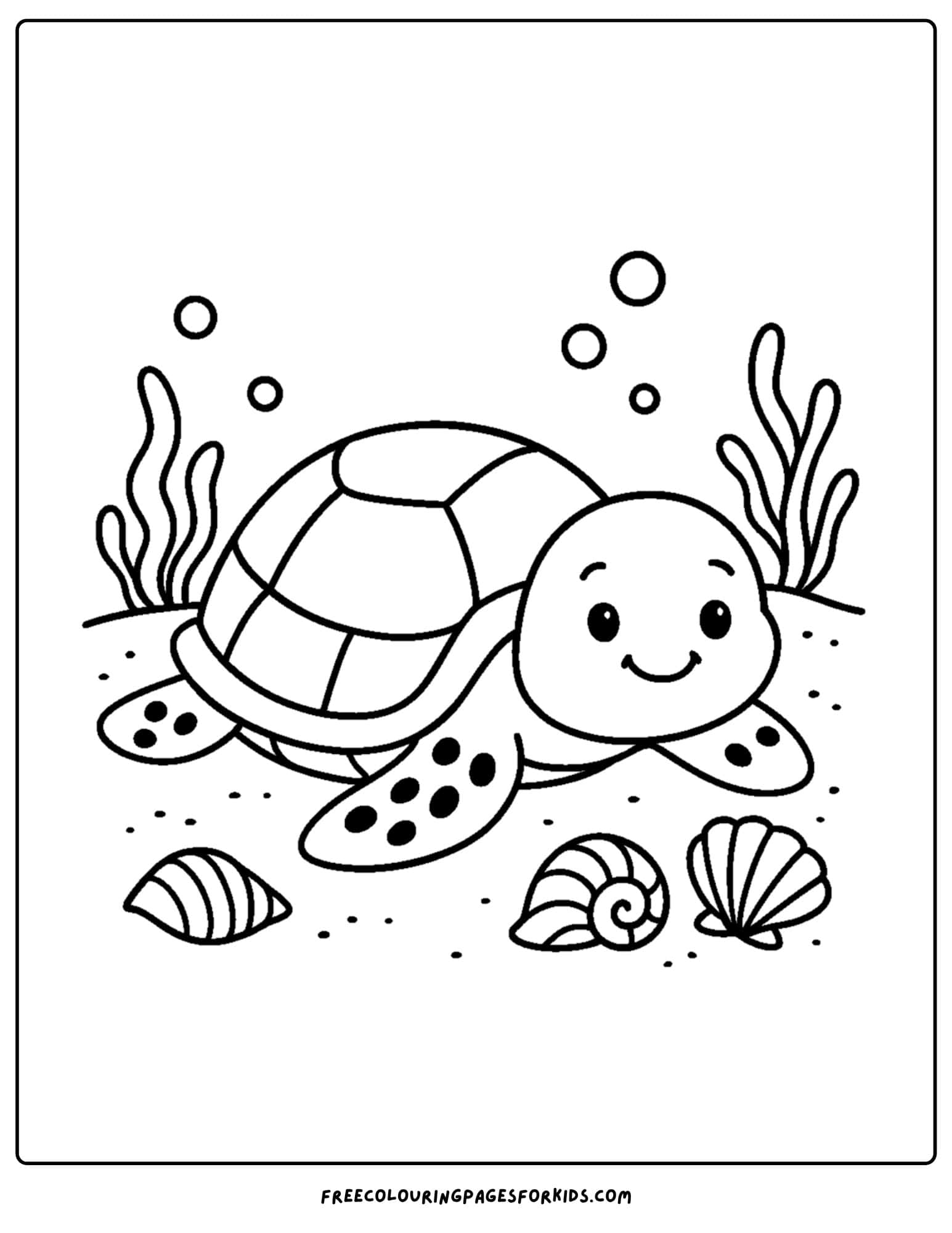 a shell coloring page featuring a turtle resting under the water with shells in the sand