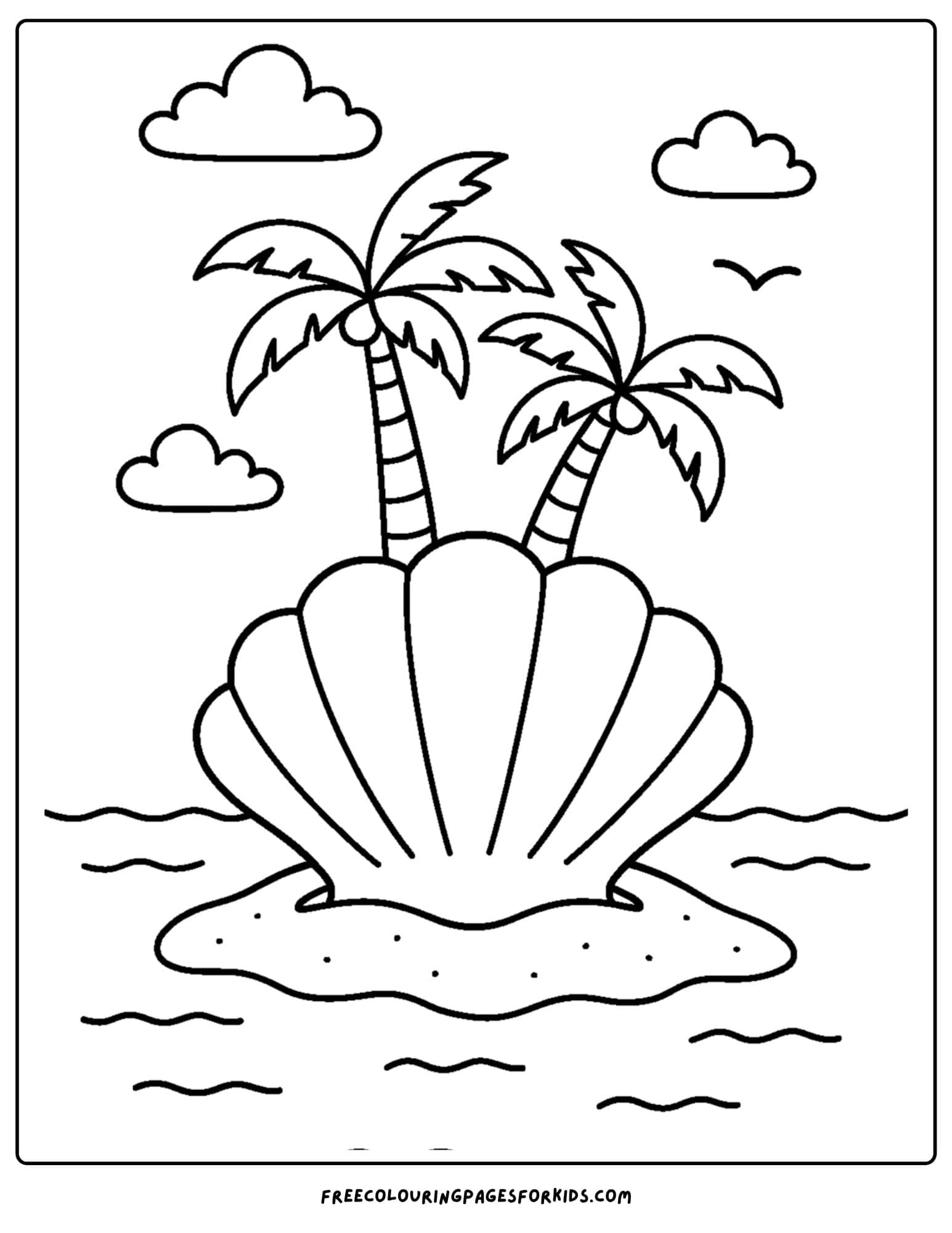 a shell coloring page featuring an island shaped like a big shell