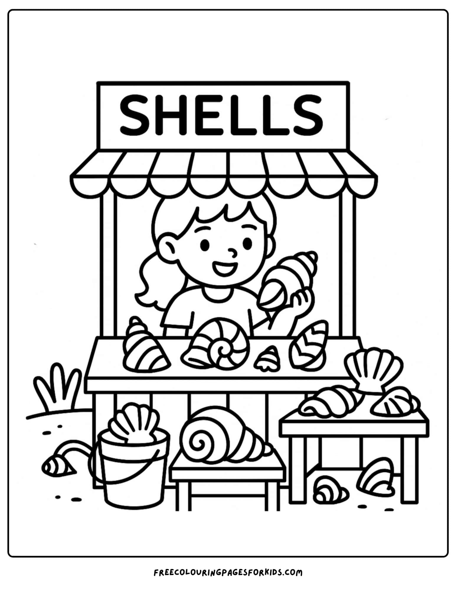 a shell coloring page featuring a shop that sells all kinds of shells