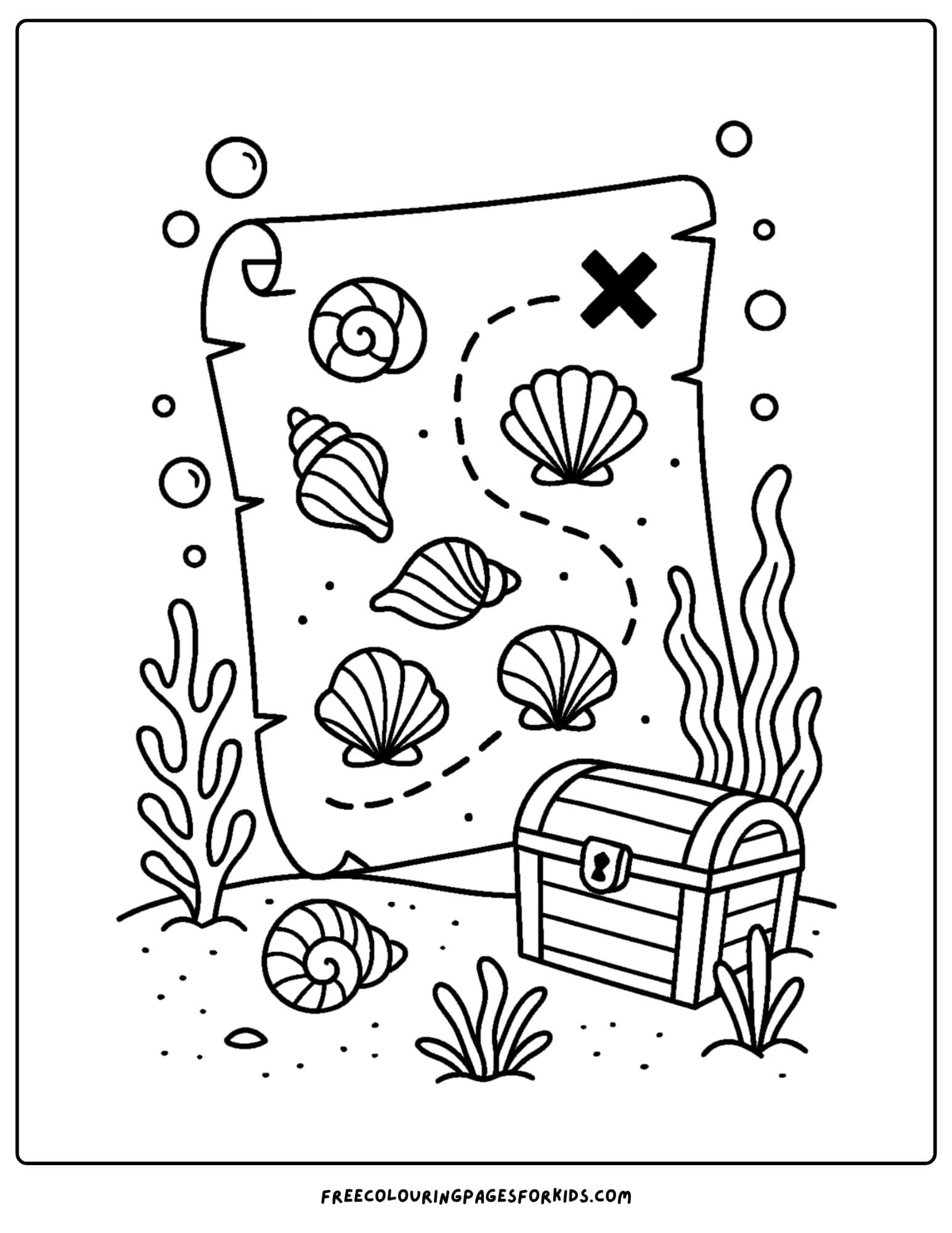 a shell coloring page featuring a treasure map under the water with shells as markers