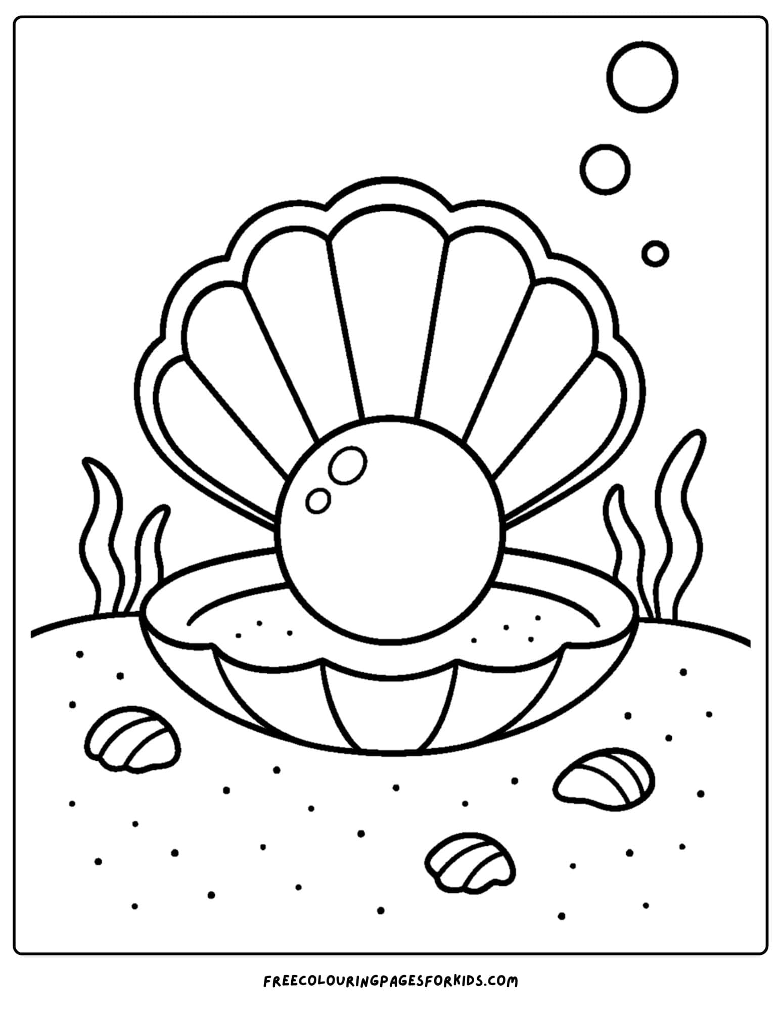 a shell coloring page featuring a giant oyster shell with a pearl inside