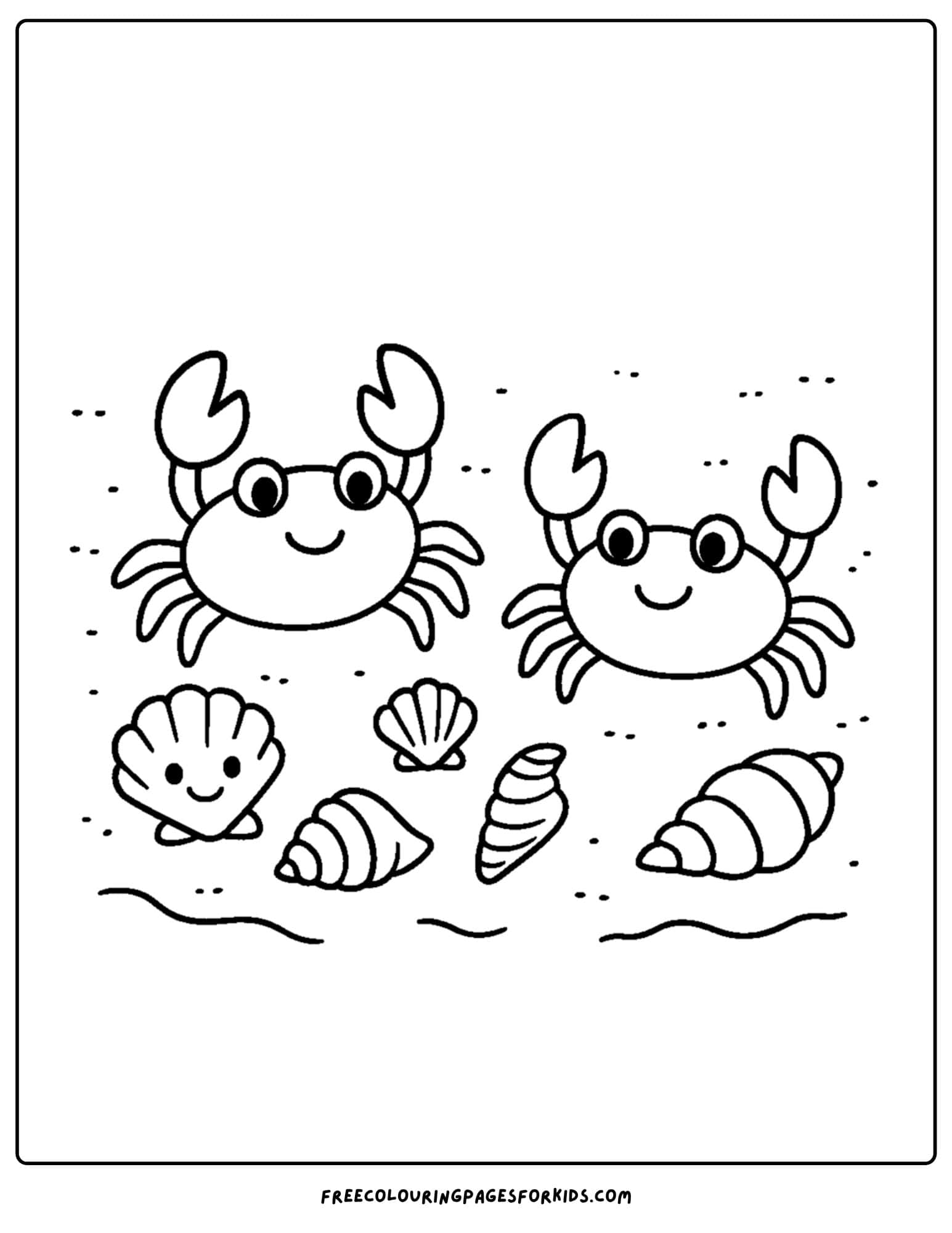 a shell coloring page featuring crabs on the beach with shells around them