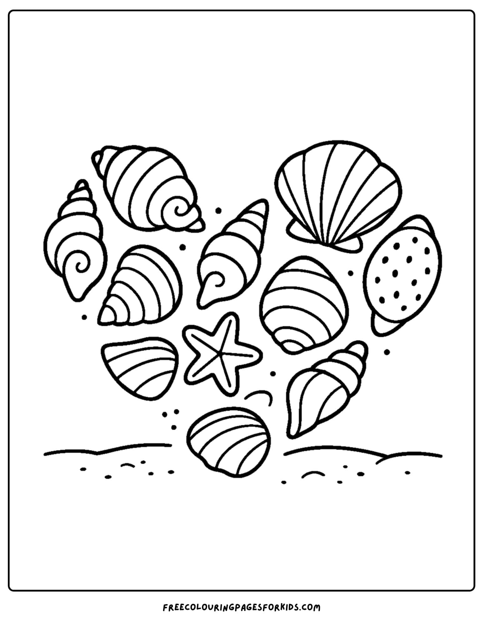 a shell coloring page featuring a collection fo shells laid out to make a heart shape