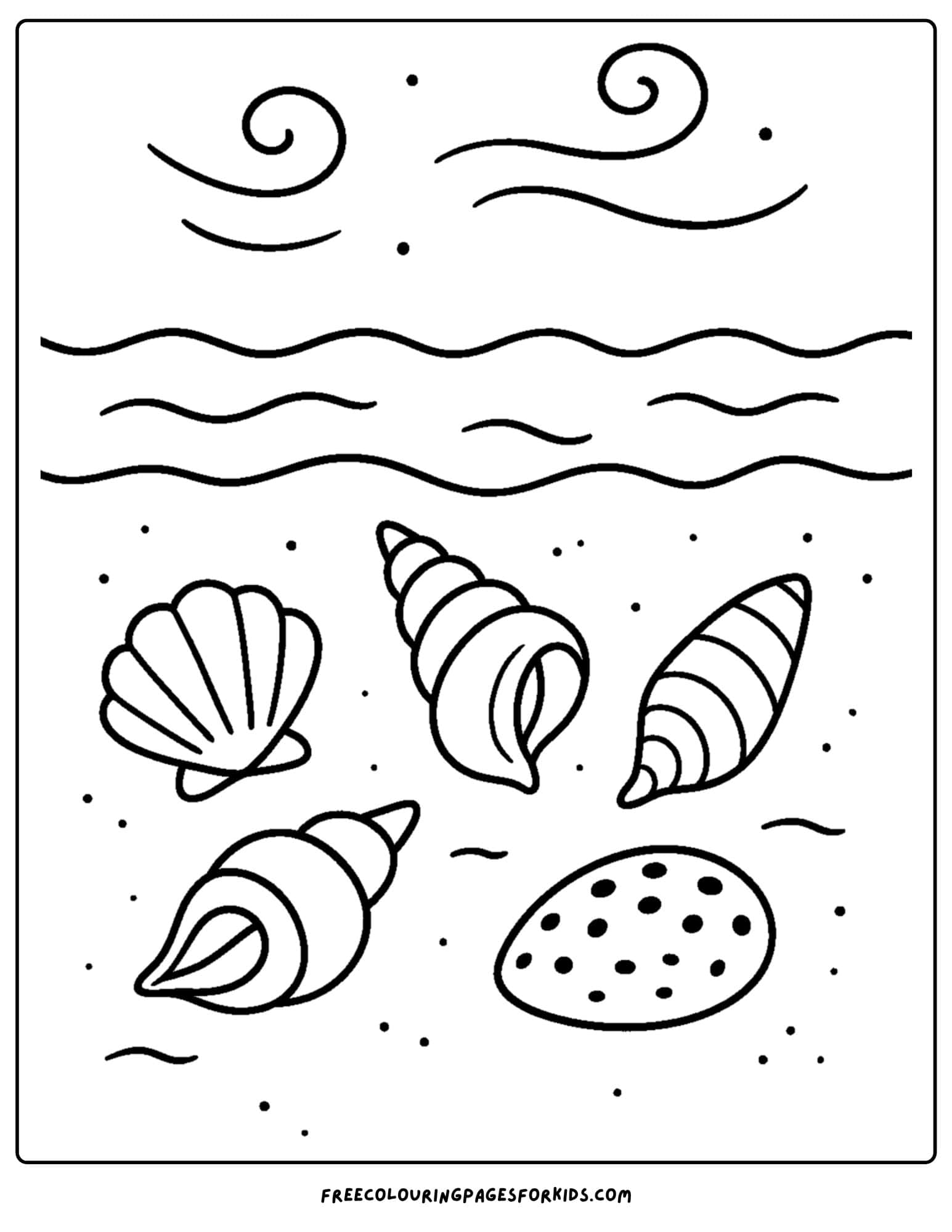 a shell coloring page featuring shells in the sand with the wind blowing the ocean breeze