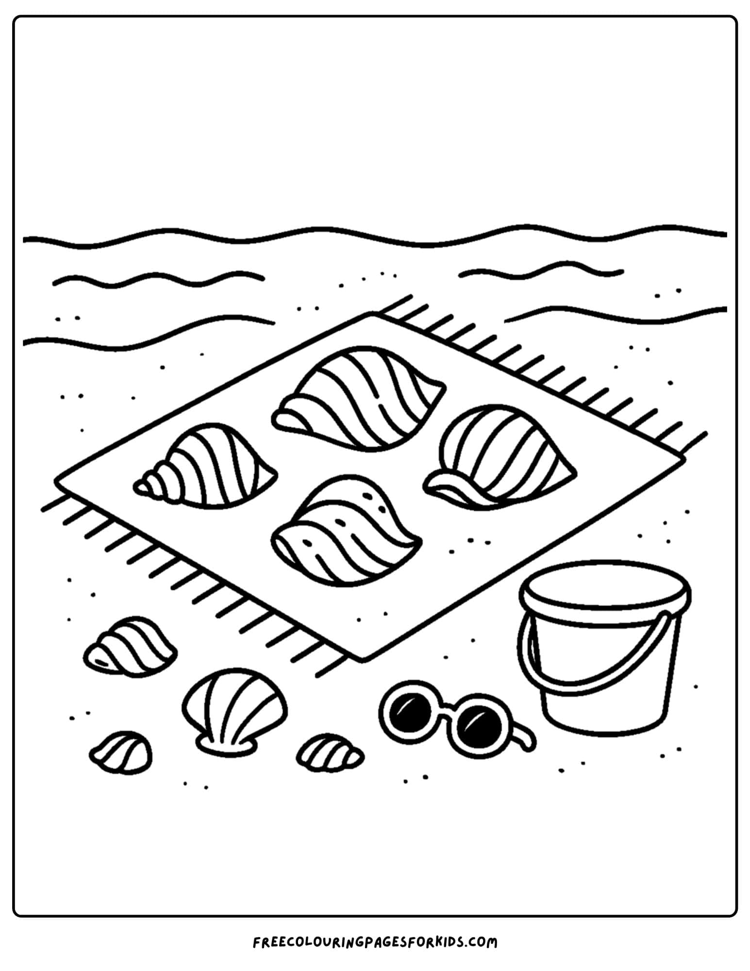 a shell coloring page featuring a collection of shells on a beach towel laid out on the sand by the ocean