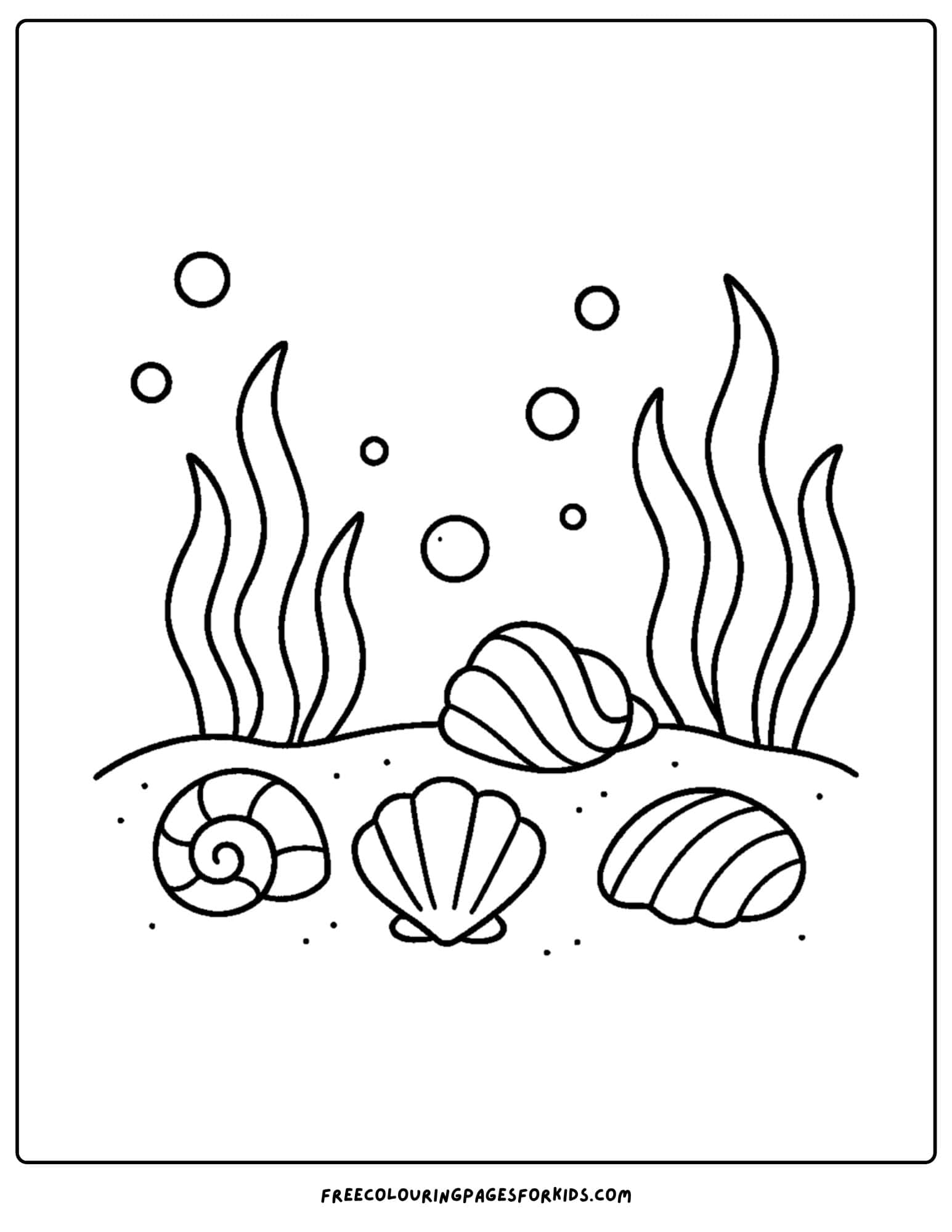 a shell coloring page featuring shells under the sea with seaweed