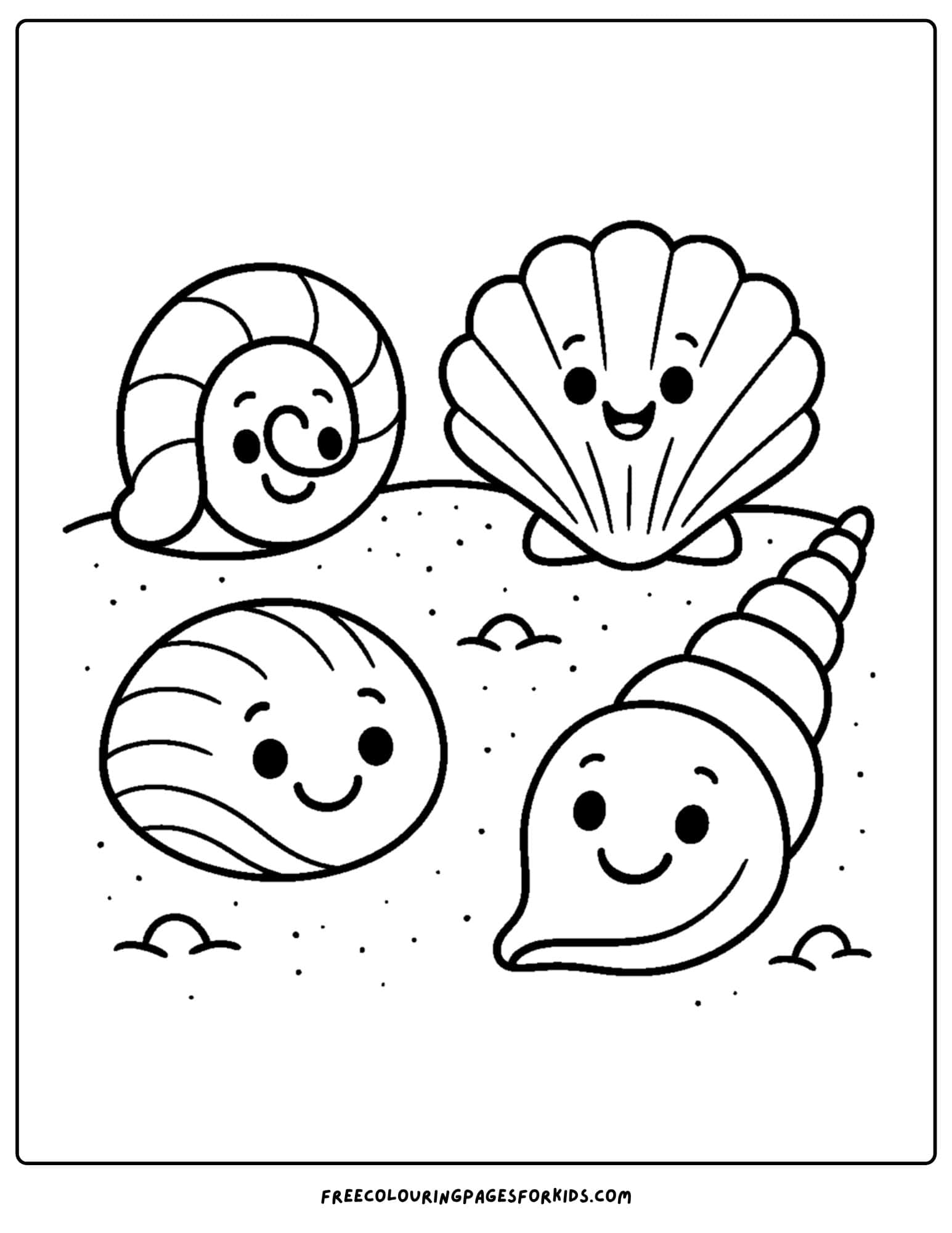a shell coloring page featuring kawaii style shells