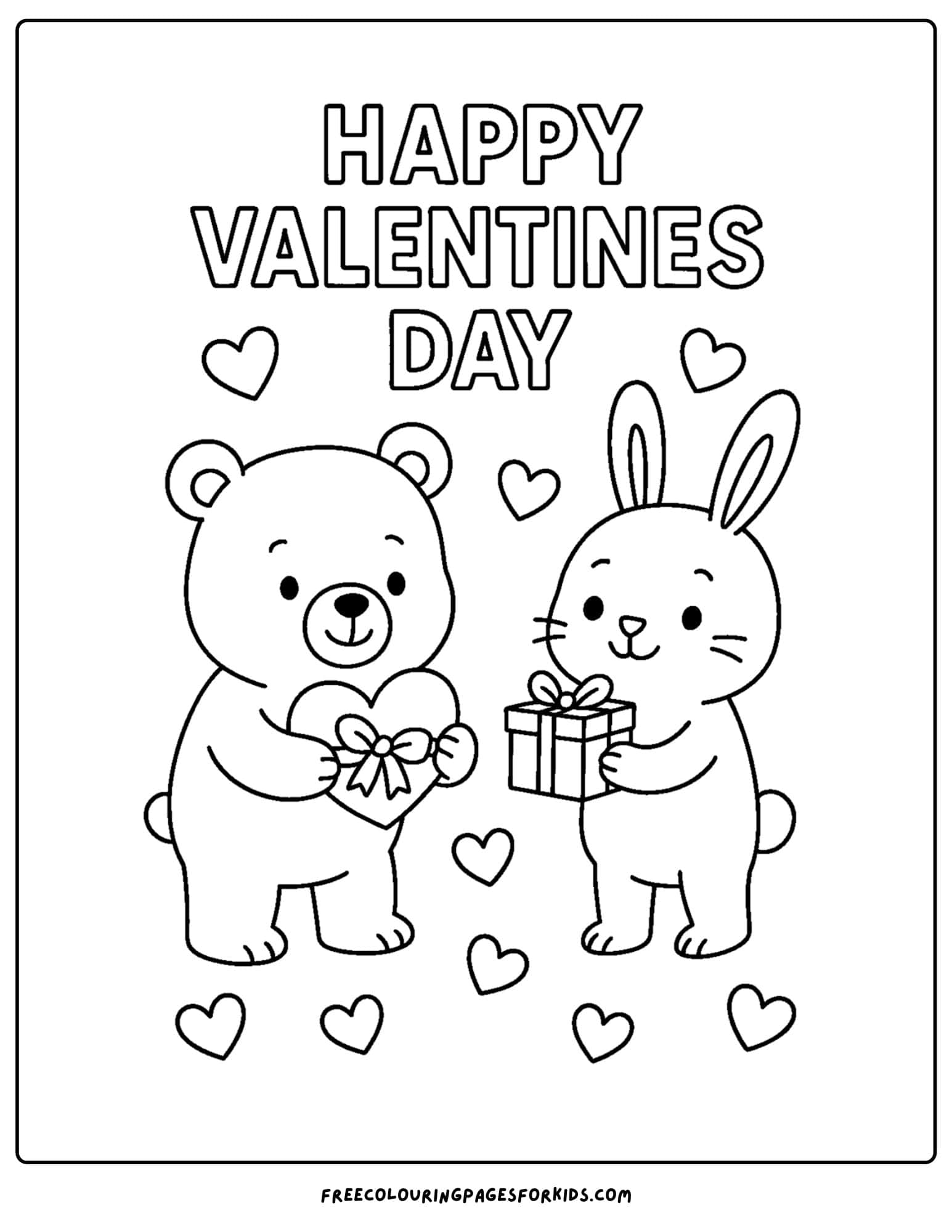 a valentine's day themed coloring page featuring a bear and a rabbit exchanging gifts