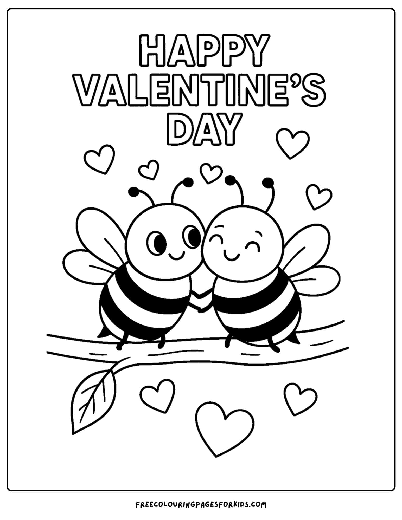a valentine's day themed coloring page featuring two bees on a branch hugging each other