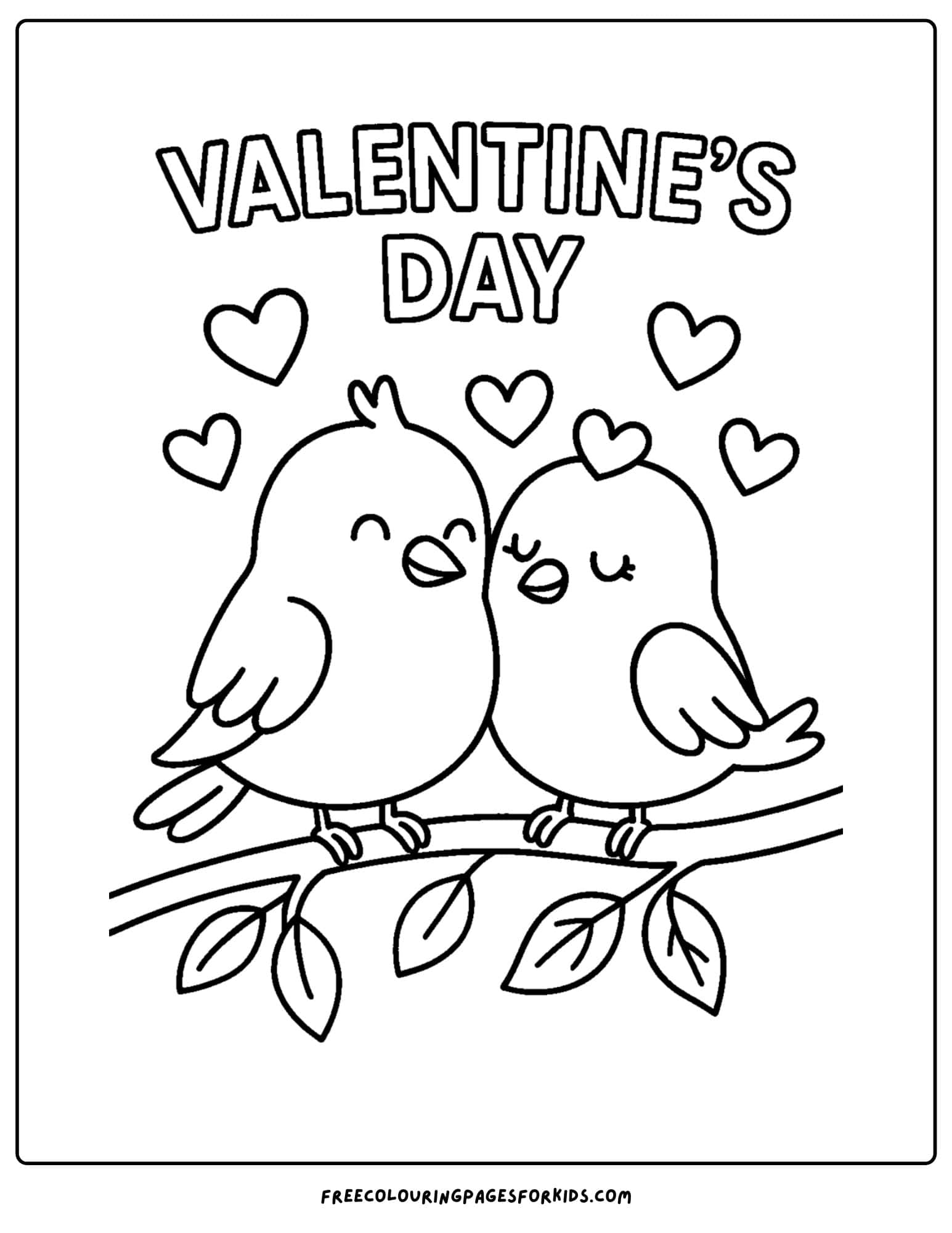 a valentine's day themed coloring page featuring two love birds snuggled together