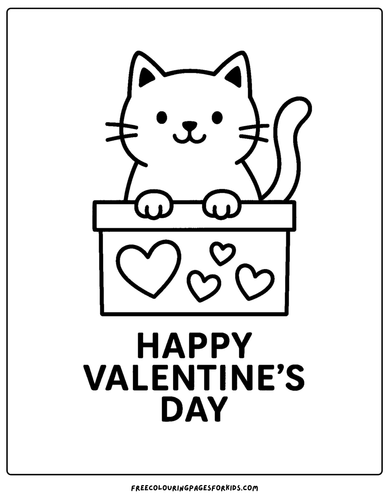 a valentine's day themed coloring page featuring a cat sitting on a box with a heart on it