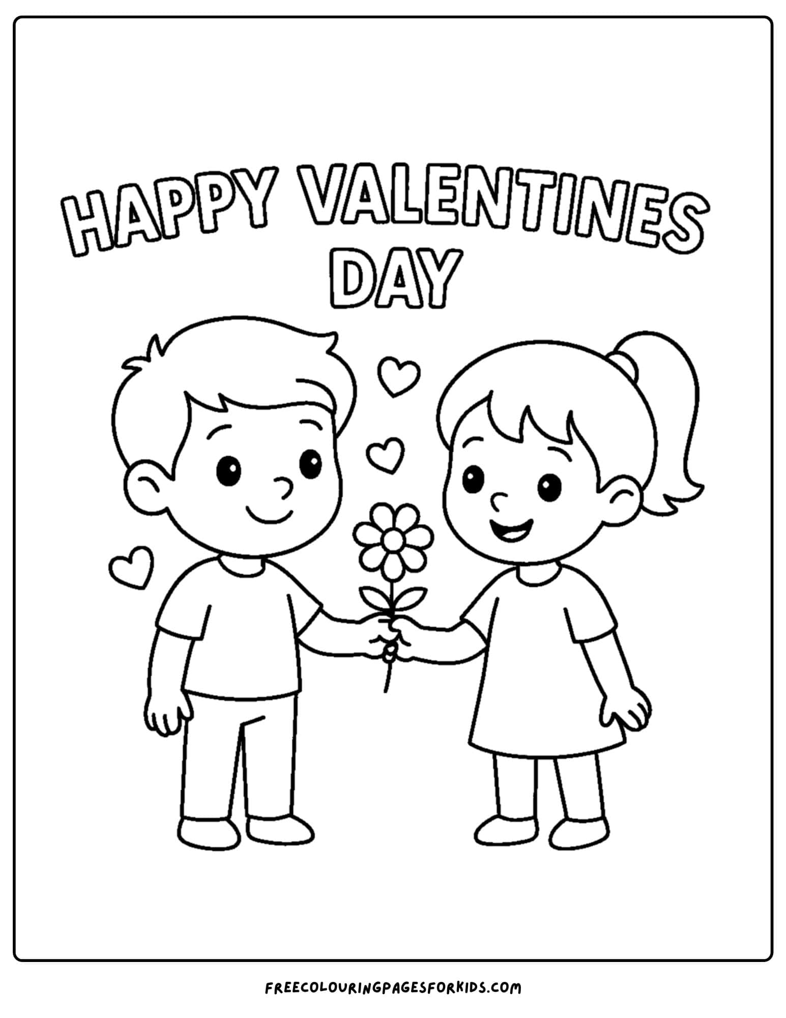 a valentine's day themed coloring page featuring a child giving another child a flower