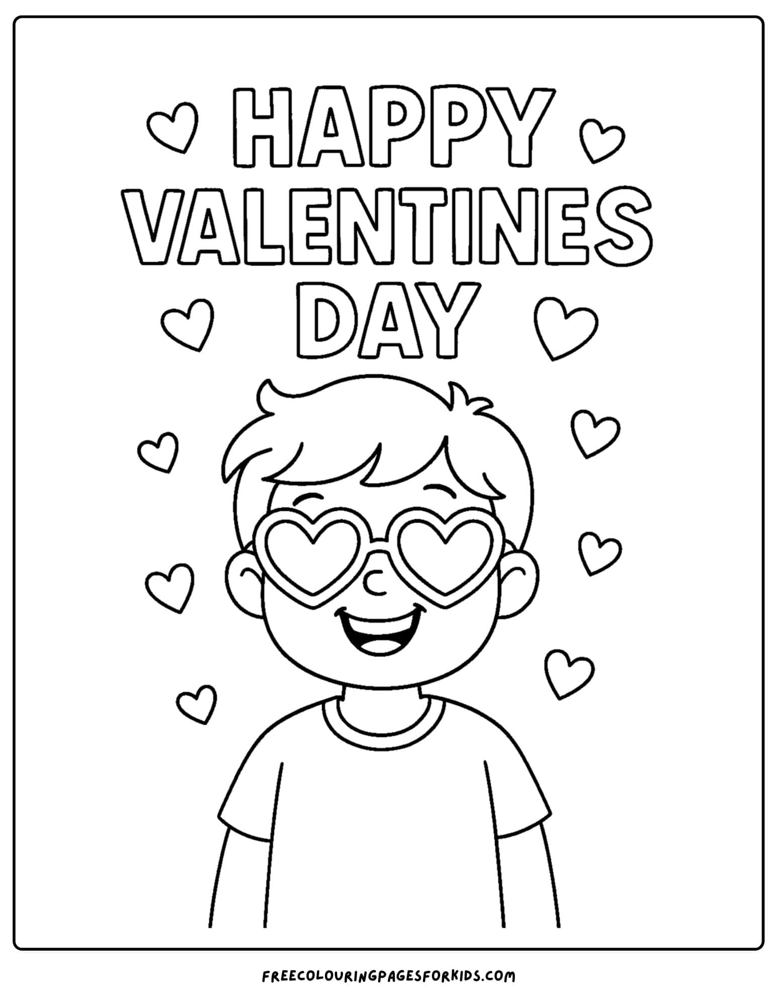 a valentine's day themed coloring page featuring a kid wearing heart shaped sunglasses