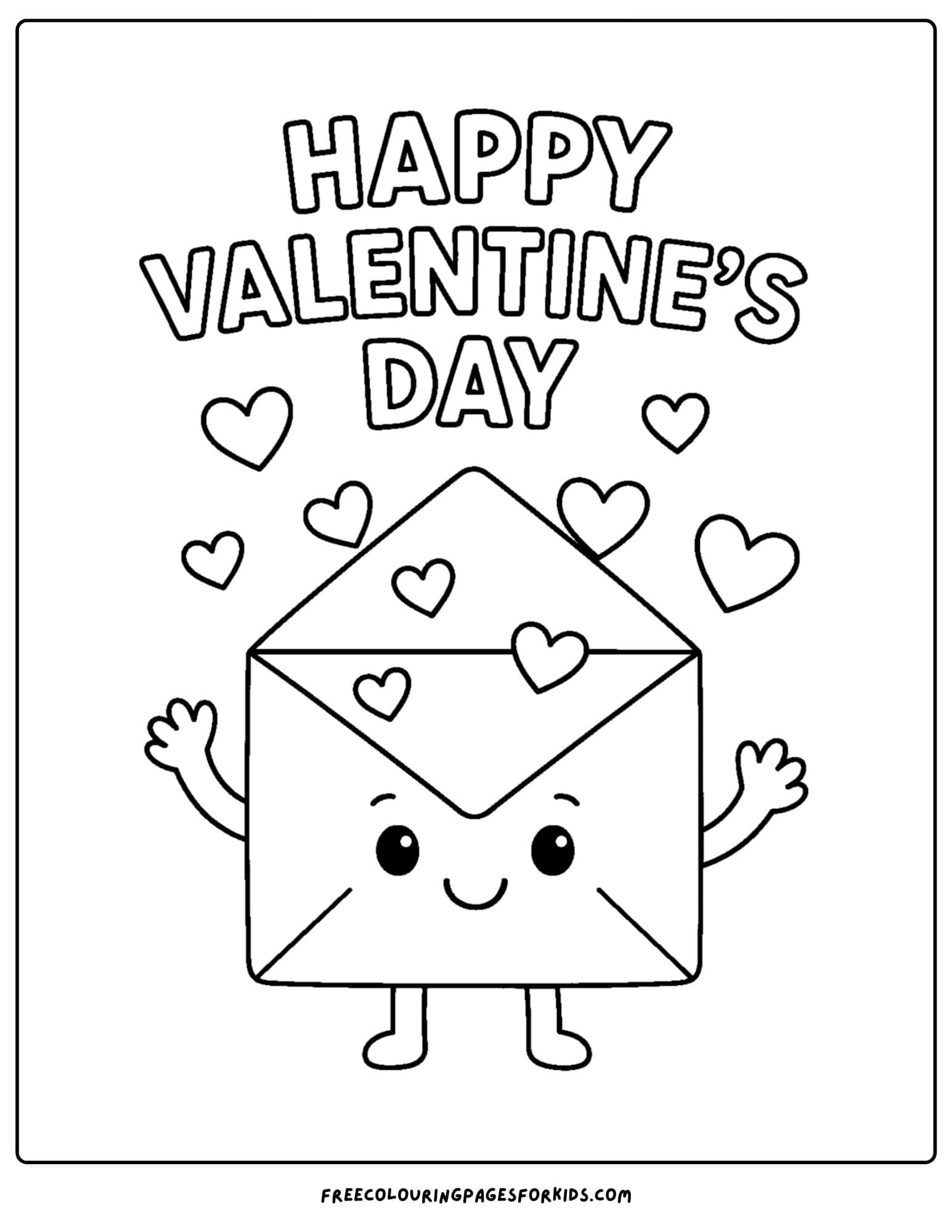 a valentine's day themed coloring page featuring an envelope with a smiling face and hearts around it