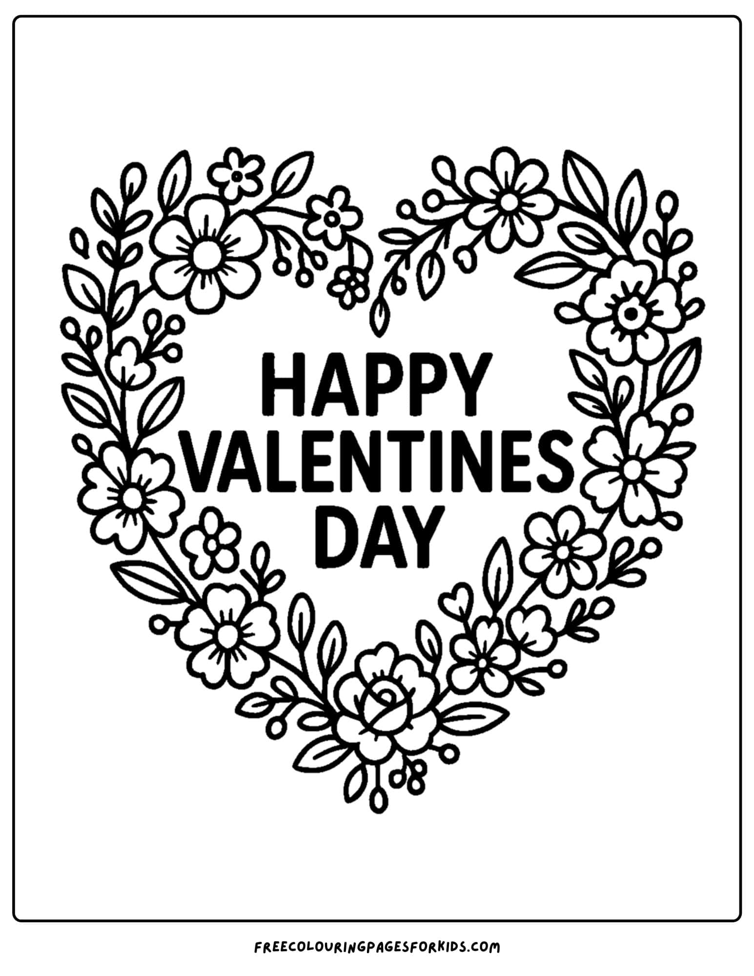 a valentine's day themed coloring page featuring a heart shaped flower wreath