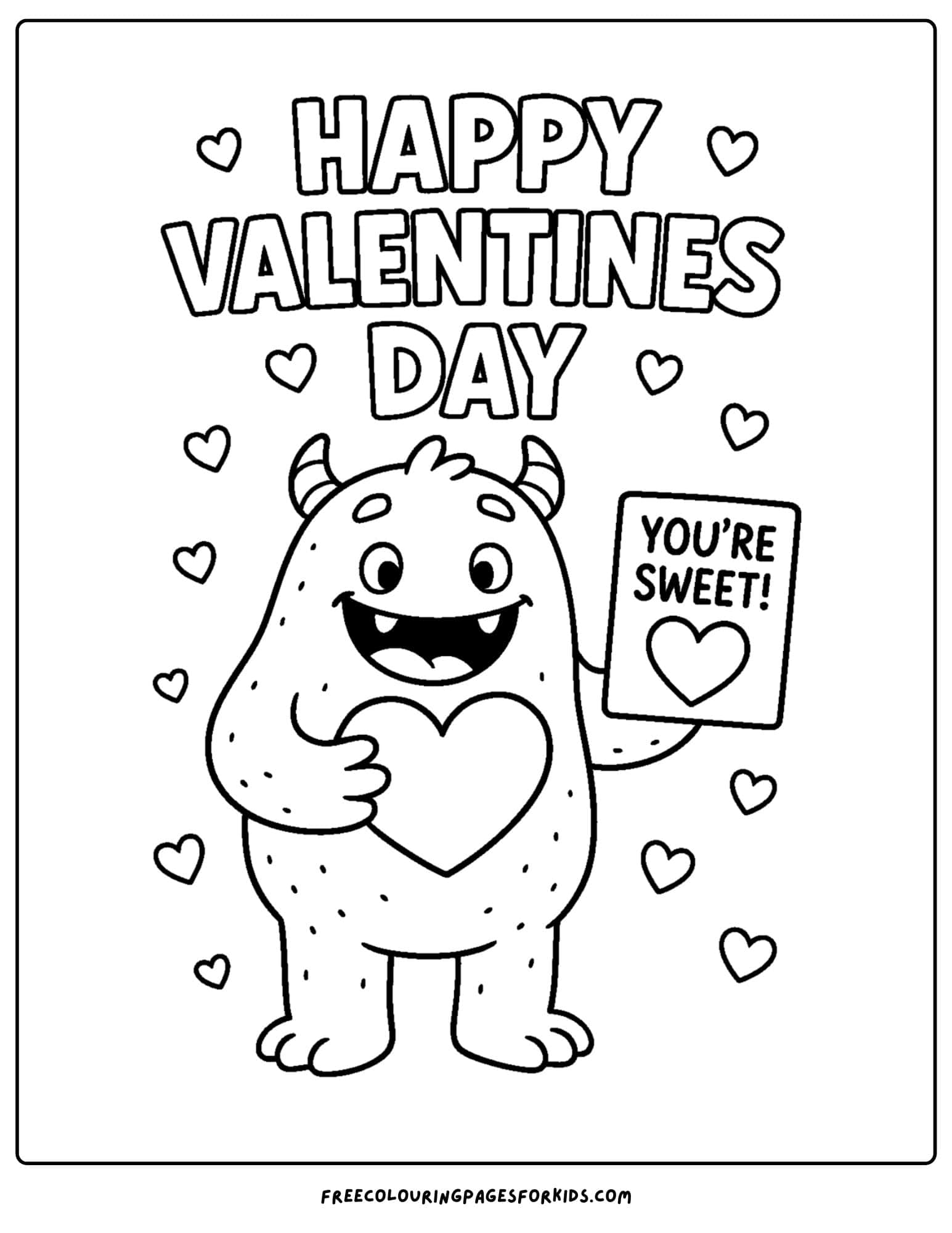 a valentine's day themed coloring page featuring a monster with a valentine day card