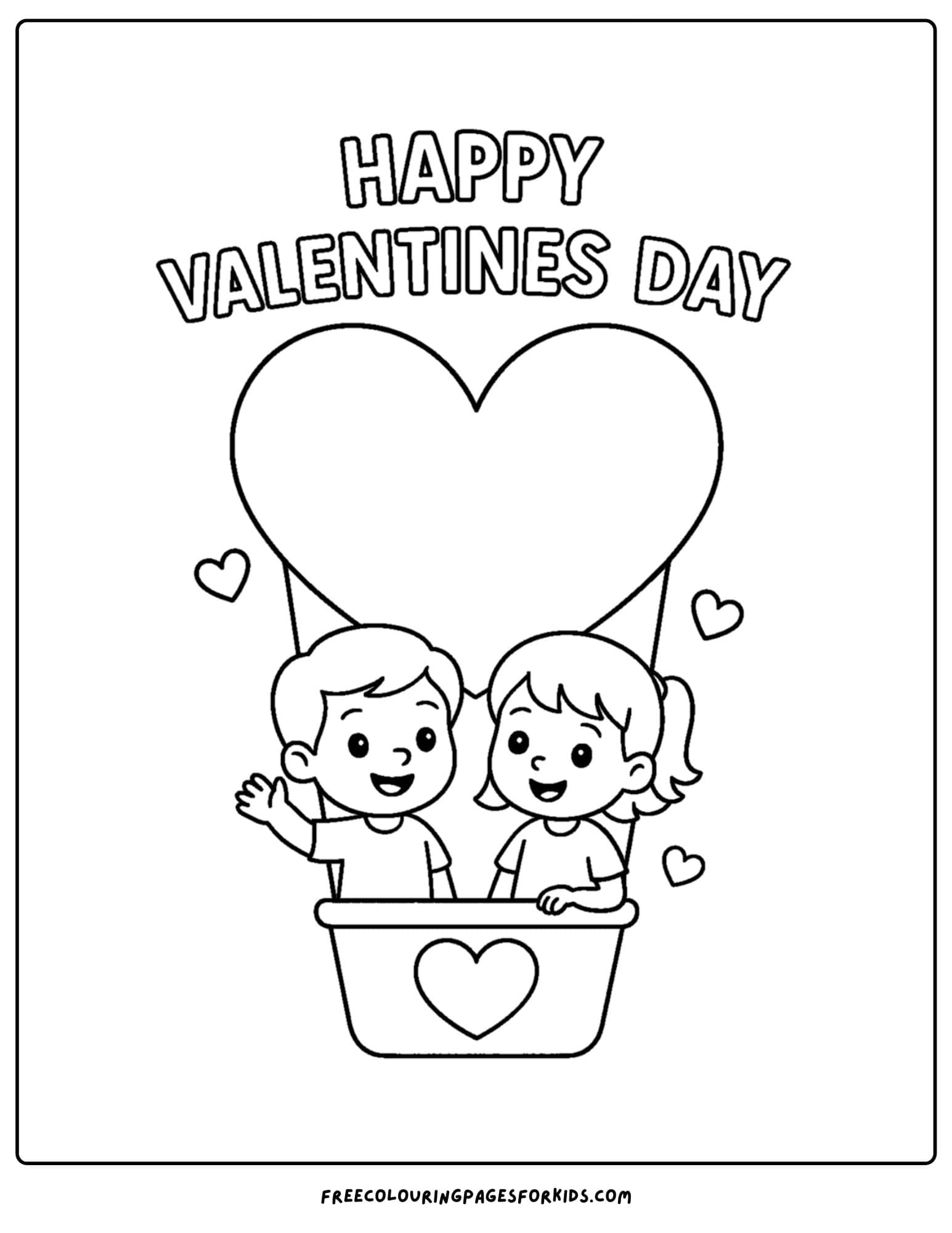 a valentine's day themed coloring page featuring kids in a heart shaped hot air balloon