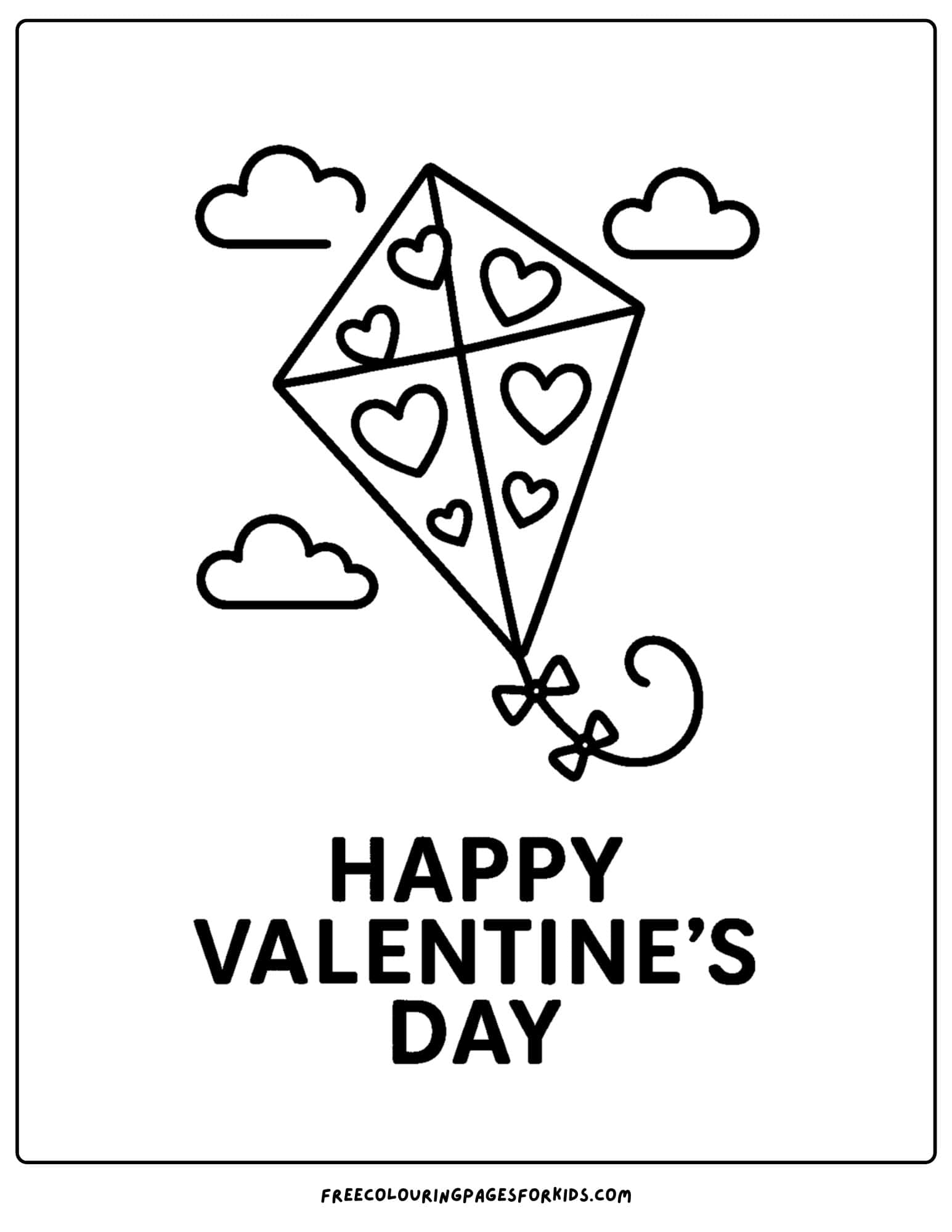 a valentine's day themed coloring page featuring a kite flying in the sky with hearts on it