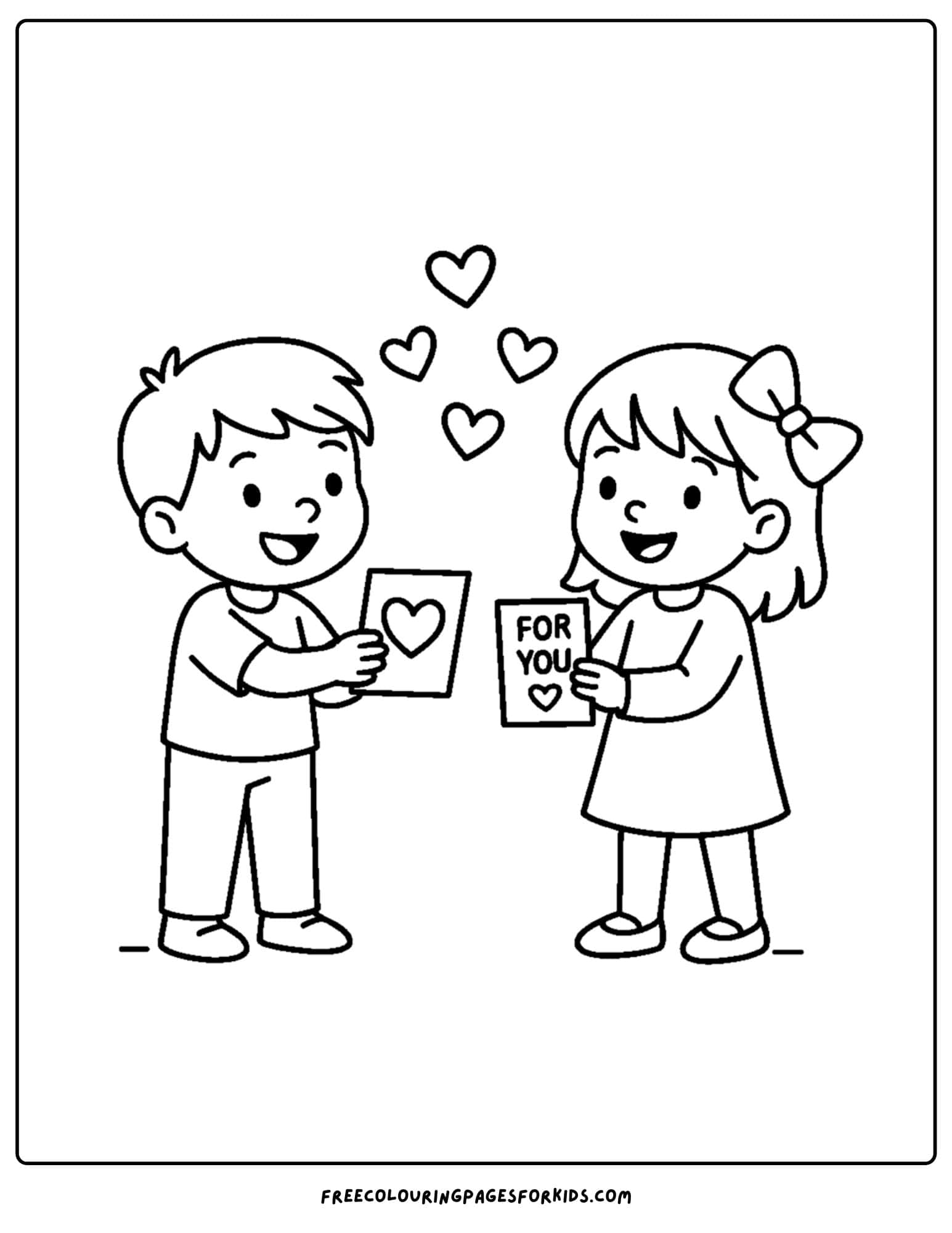 a valentine's day themed coloring page featuring kids exchanging valentine day cards