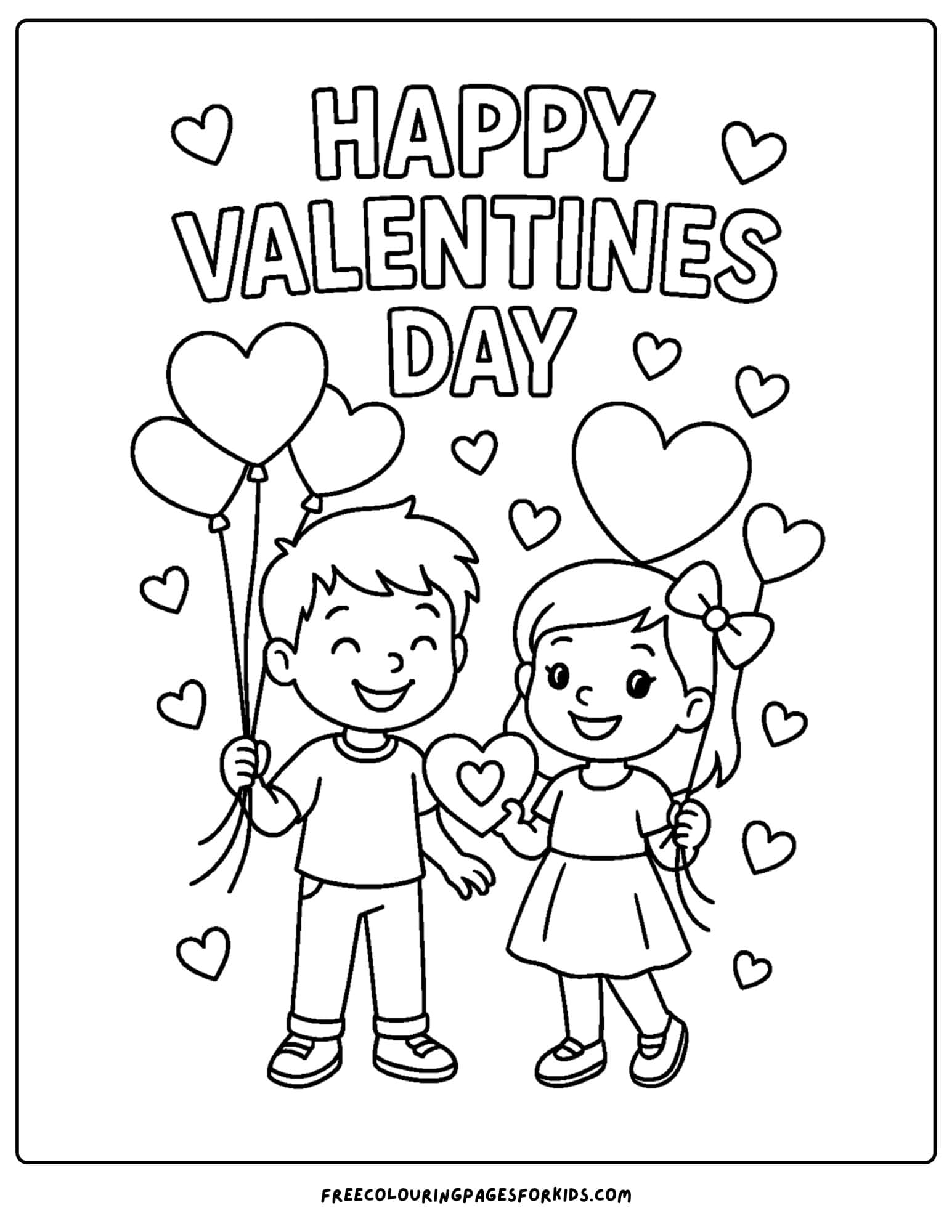 a valentine's day themed coloring page featuring kids holding heart shaped balloons for valentines day
