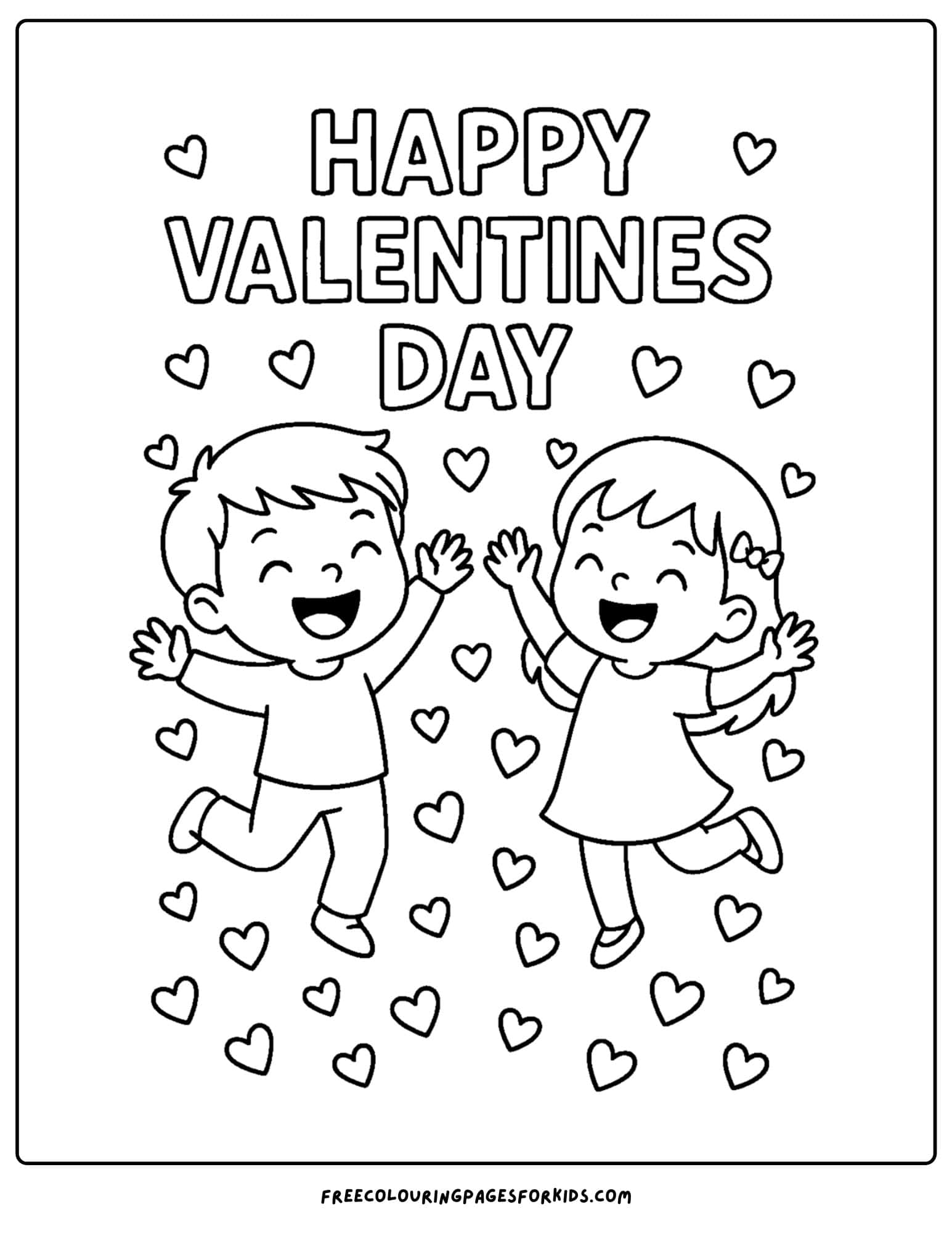 a valentine's day themed coloring page featuring kids jumping as heart shaped confetti falls around them