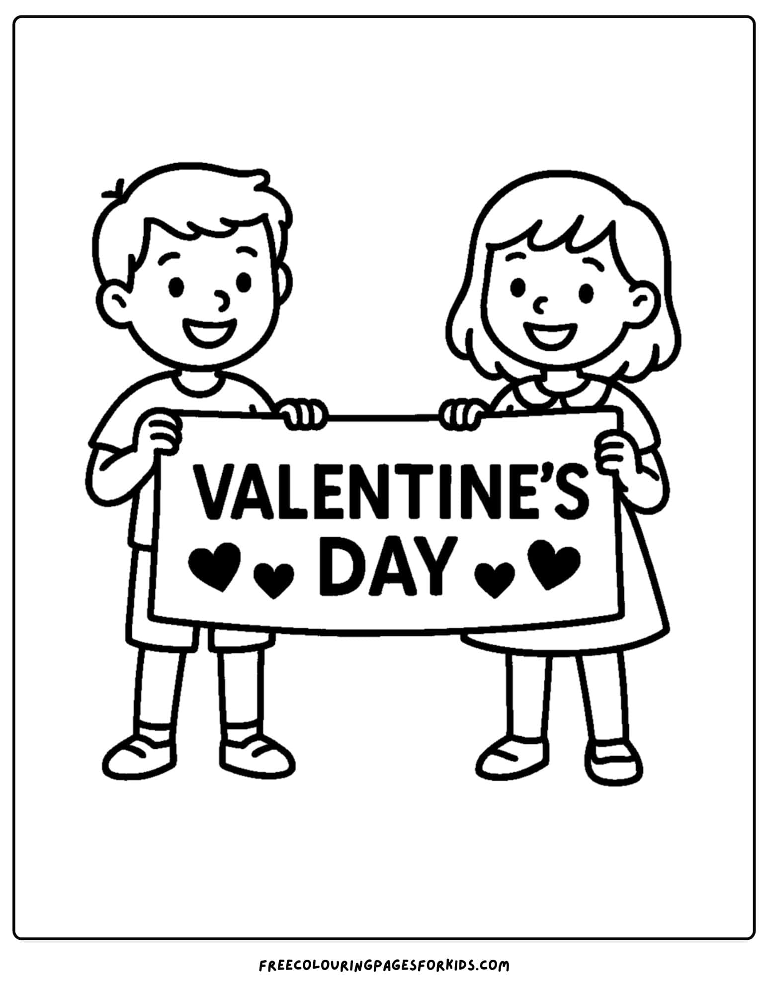 a valentine's day themed coloring page featuring two kids holding a valentine day banner