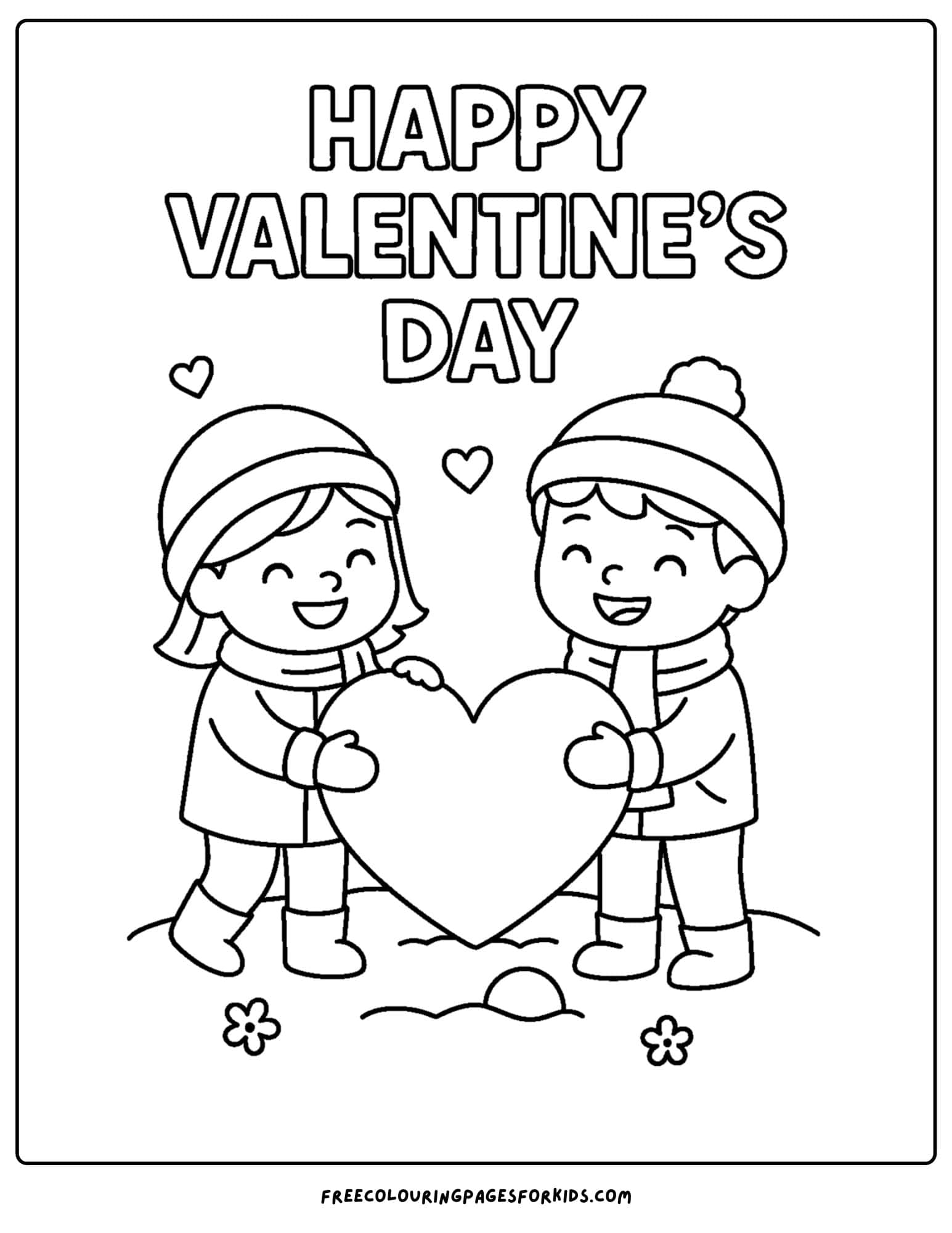 a valentine's day themed coloring page featuring kids making a heart out of snow
