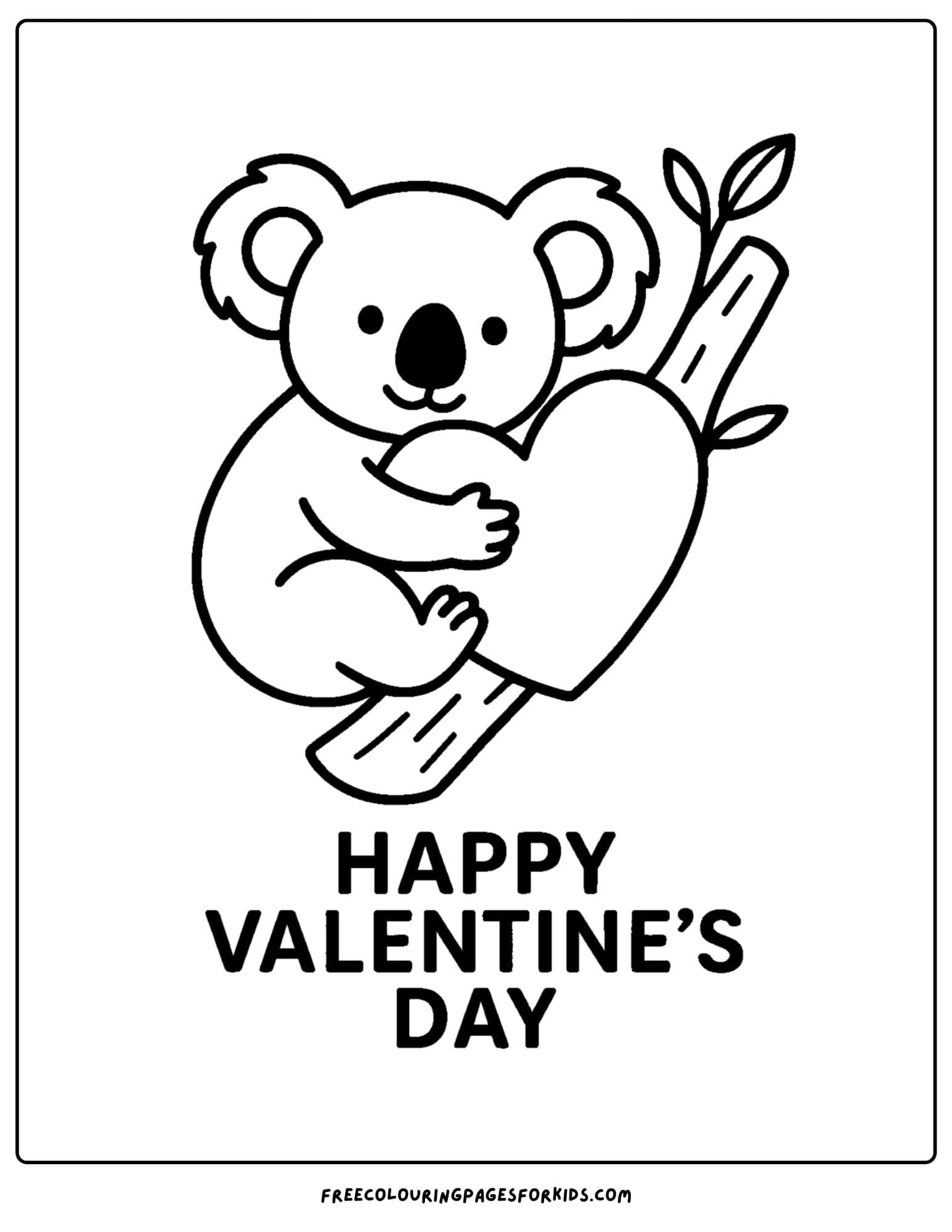 a valentine's day themed coloring page featuring a koala holding a heart while in a tree