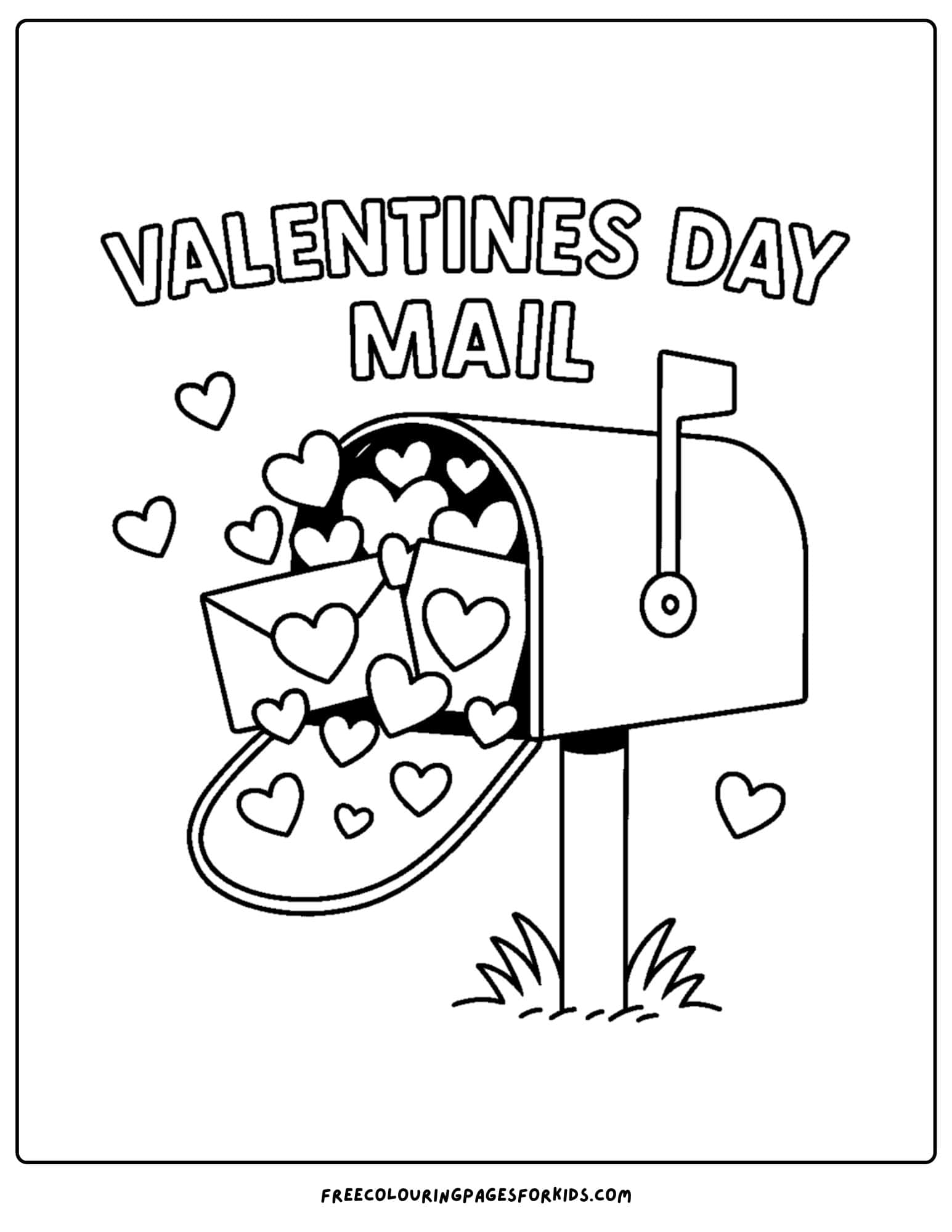 a valentine's day themed coloring page featuring a letter box overflowing with valentine cards