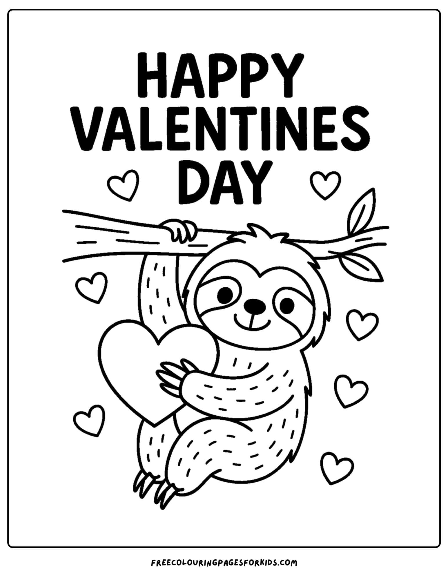 a valentine's day themed coloring page featuring a sloth hanging from a tree branch holding a heart