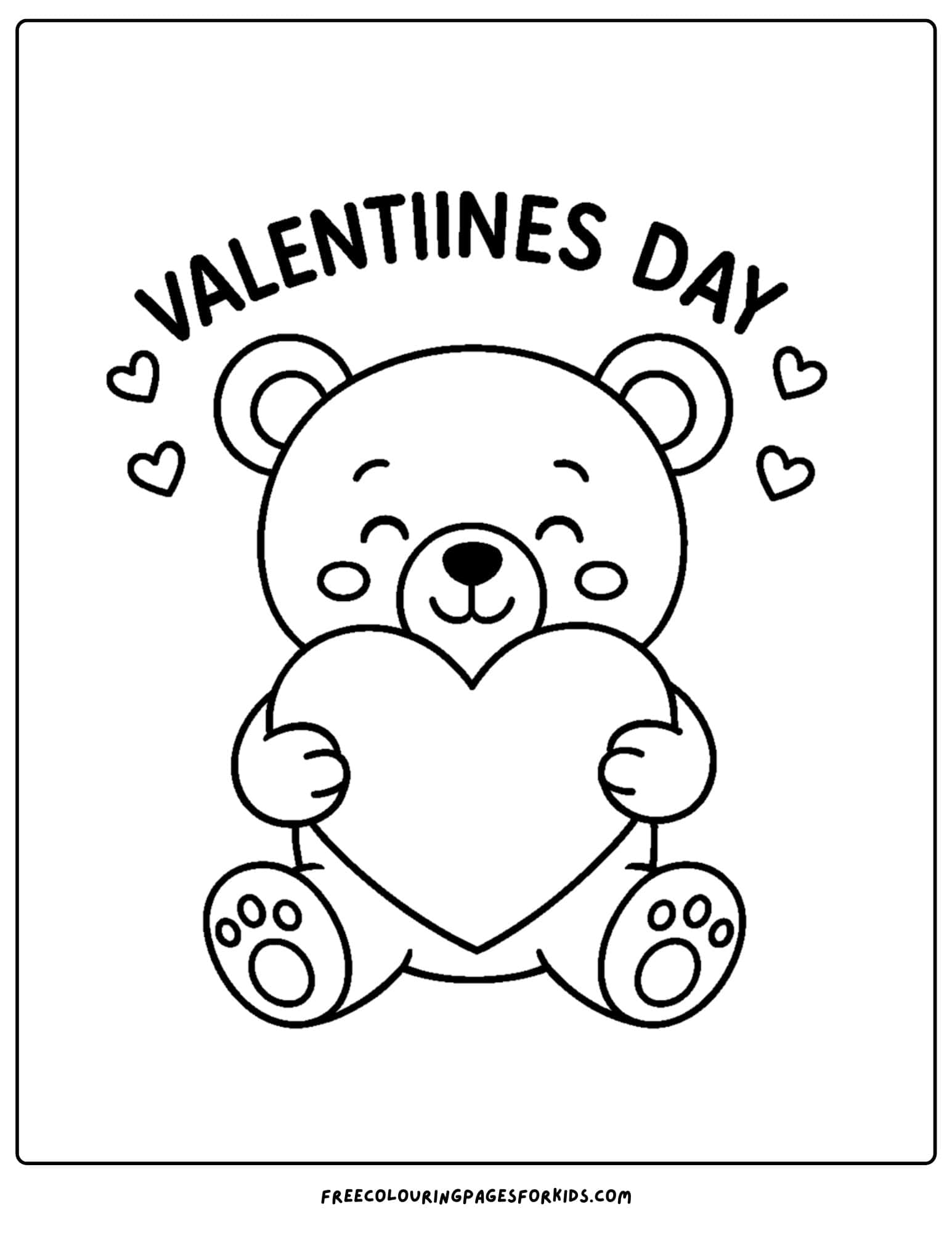 a valentine's day themed coloring page featuring a teddy bear hugging a big heart