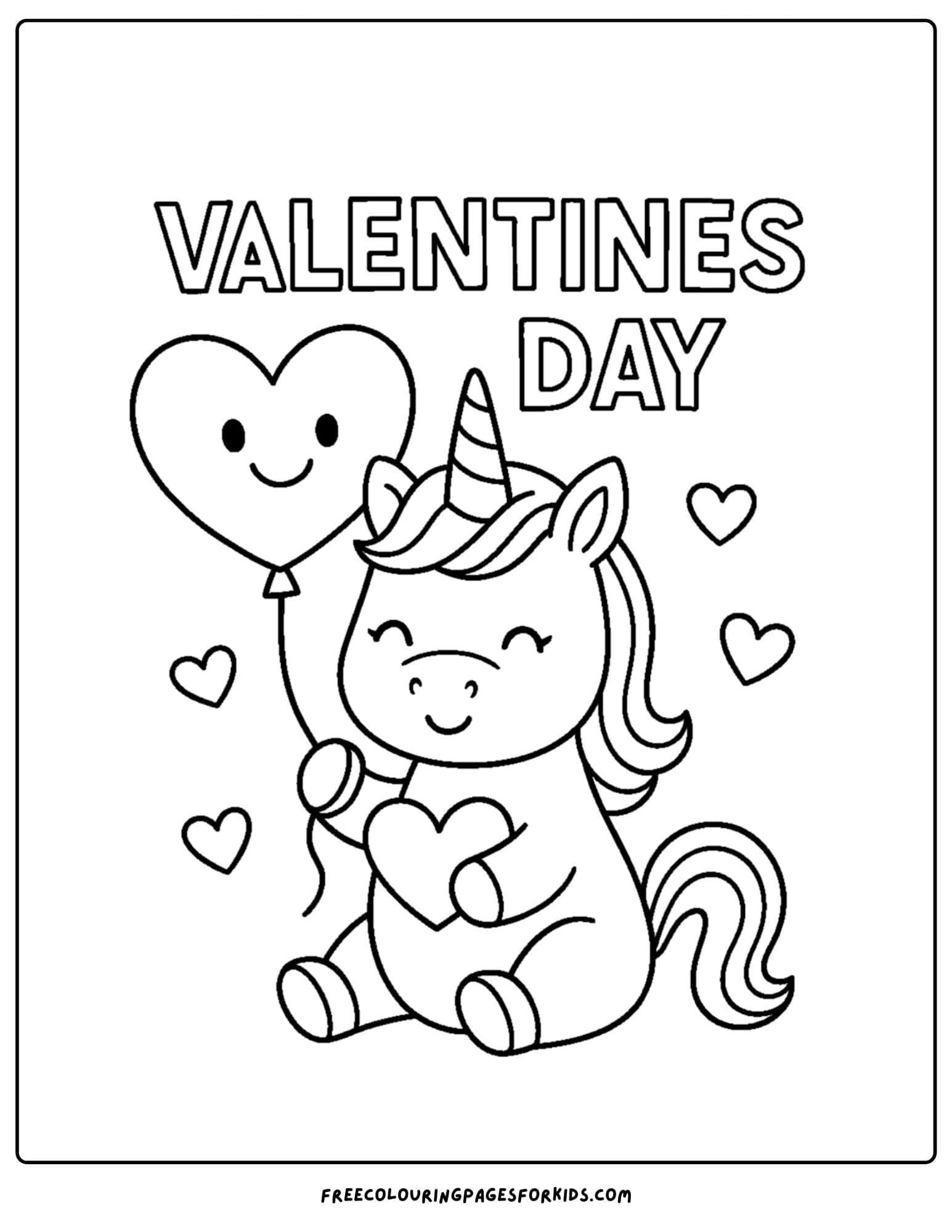 a valentine's day themed coloring page featuring a unicorn holding a heart balloon